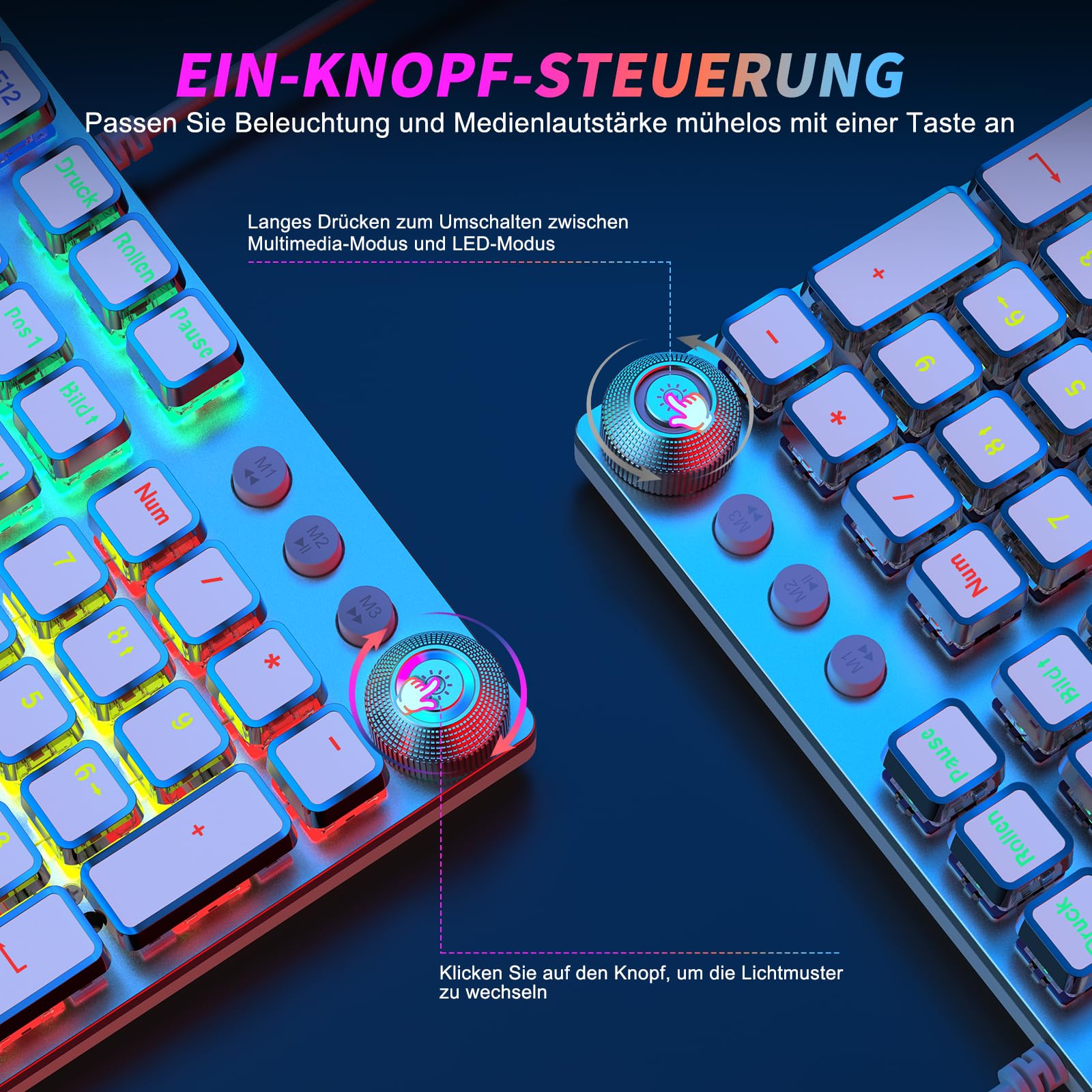 TECURS Tastiera meccanica da gioco, programmabile, con poggiapolsi magnetico, interruttore rosso, 19 modalità LED, tasti multimediali, PC con cavo, layout QWERTZ DE, bianco