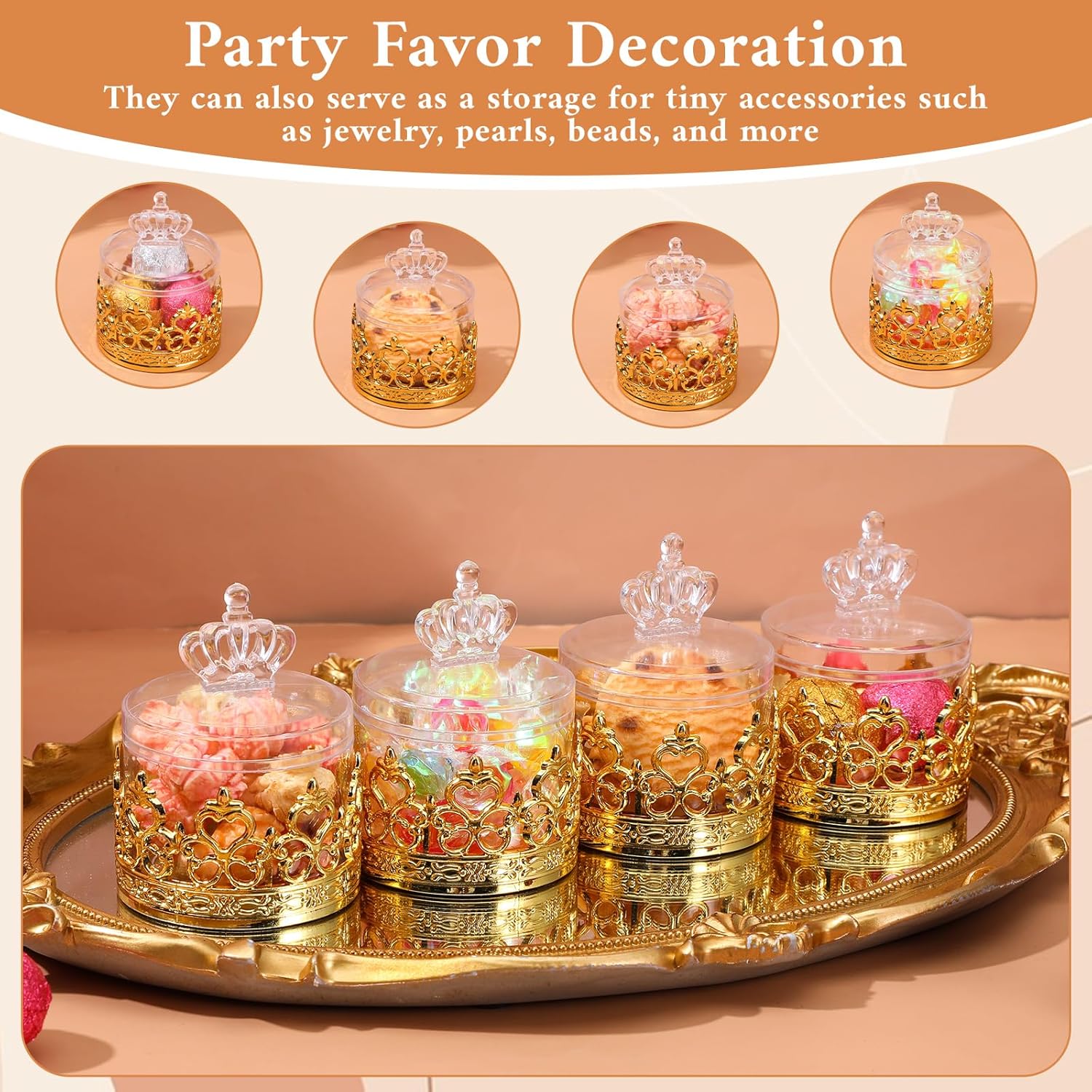 24 Pcs Small Gold Crown Candy Jars with Lids, Plastic Candy Containers Storage Boxes for Wedding, Baby Shower, Birthday Party Favors, Reusable Decorative Storage