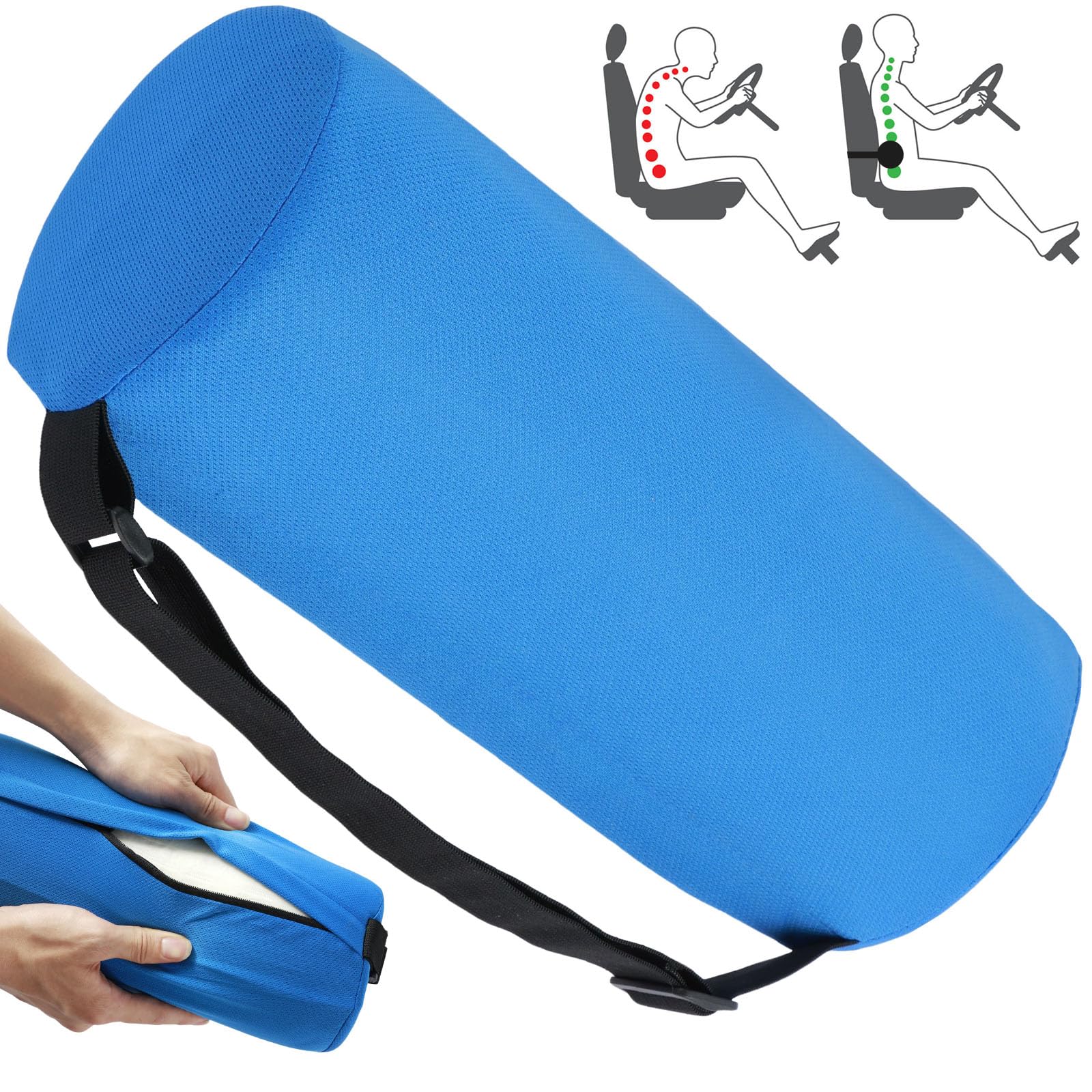 Lumbar Roll Pillow for Lower Back, Lumbar Support Pillow Memory Foam Roll Pillow with Removable Washable Cover Ergonomic Neckroll Pillow with Elastic Strap Length Back Support Roll for Chair (Blue)