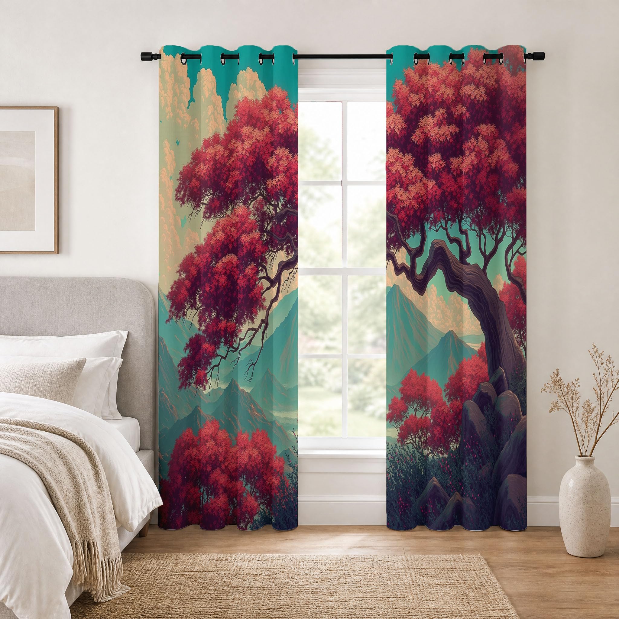 95% Rideau Occultant,Vert Clair Rideaux Occultant Thermiques à Oeillets,Rideau Opaque imprimés Japonais Plantes Rétro Érable Rouge Decoration pour Enfant Chambre,140x240 cm (2 Panneaux)