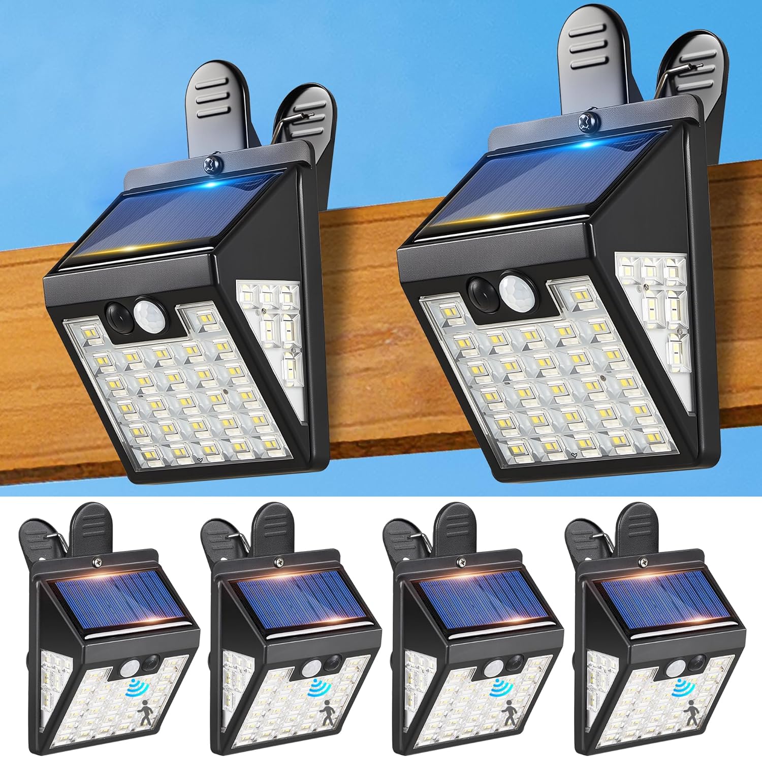 Clip On Solar Lights Outdoor,Motion Sensor Outdoor Lights, 72LEDs 600LM Clip on Solar Fence Lights Outdoor Waterproof LED,Solar Lights for Wall Fence,Deck, Gutter,Camping (4, Black)