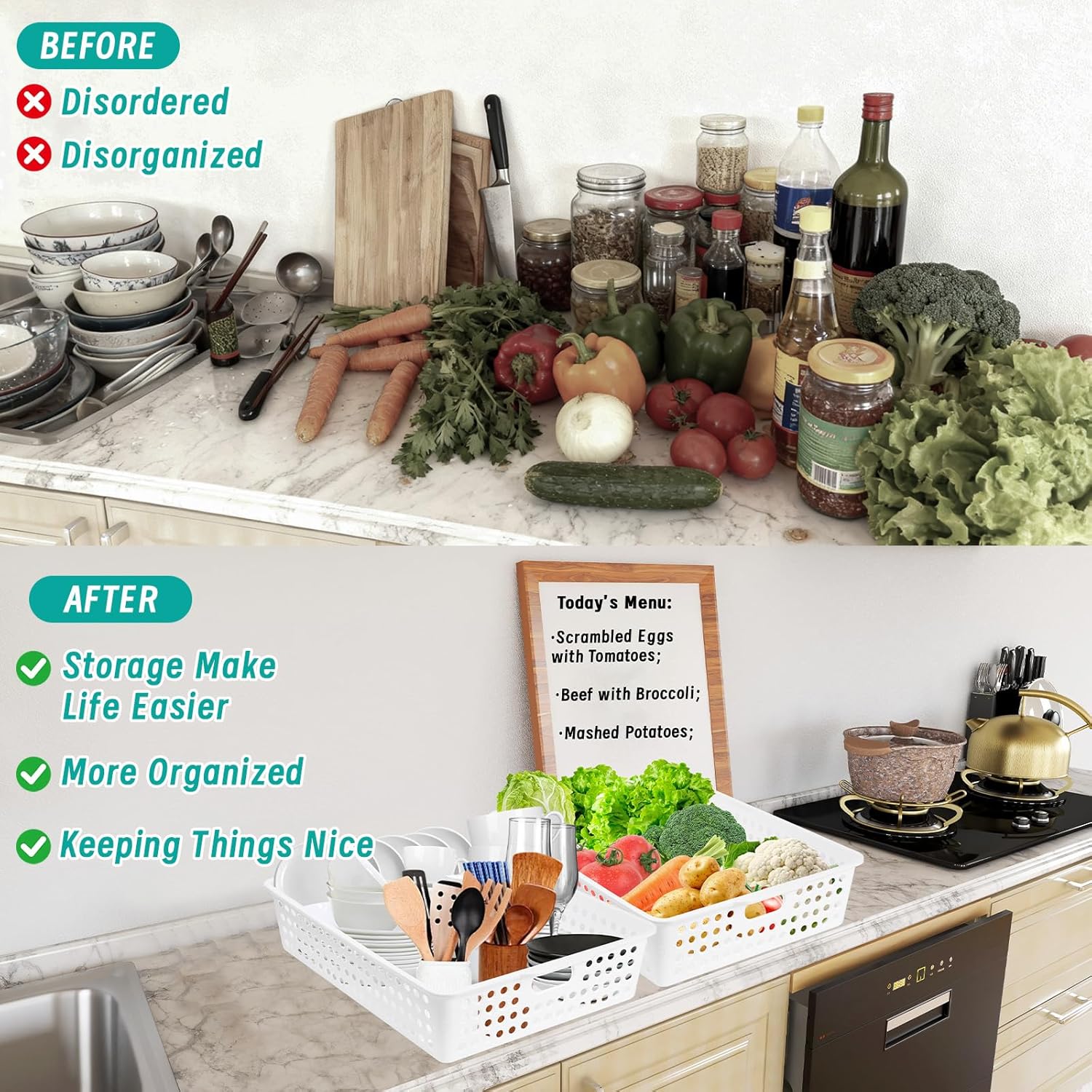 12 Pcs Plastic Storage Baskets Bulk 14 x 10 In Stackable Storage Bin with Handles A4 Size Desktop File Letter Organizer Tray Multi-purpose Container for Shelve Desktop Classroom Office Home Playroom