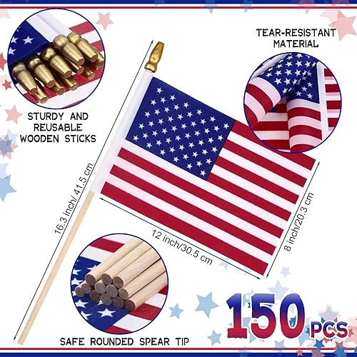 Miniatura 2 de 150 banderas americanas pequeñas en palo, 8 x 12 pulgadas, mini banderas de Estados Unidos de madera a granel para césped, patio, decoraciones del 4