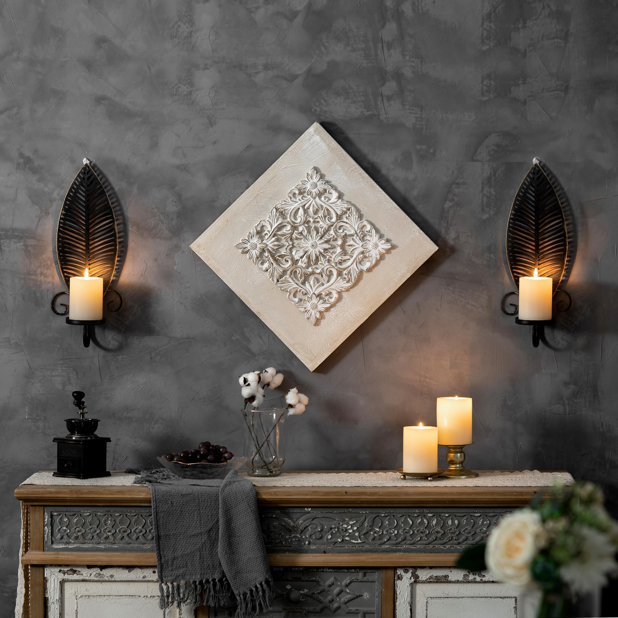 2 Stück Wandkerzenhalter Blatt Wand Kerzenhalter Schwarze Metall blätter mit goldenen Rändern,Wandhalterung Kerzenständer Deko für Kerzen Vintage Wanddeko Wandkerzenhalter