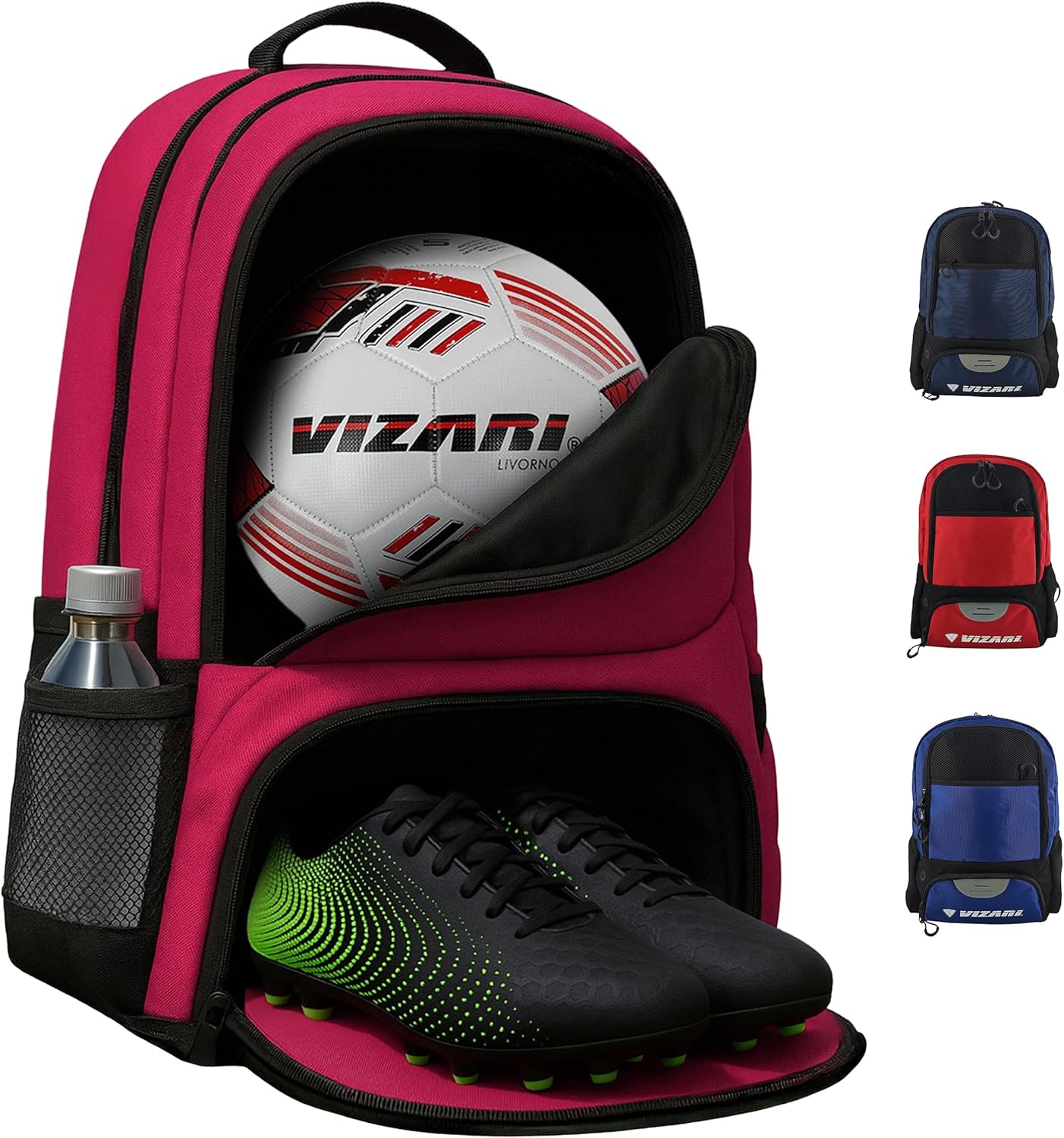 Vizari Soccer Backpack Soccer Bag | Water resistant Durable Equipment Bag for Football, Basketball, Volleyball | Cleats and Ball Compartment - Red,Blue,Pink,Black