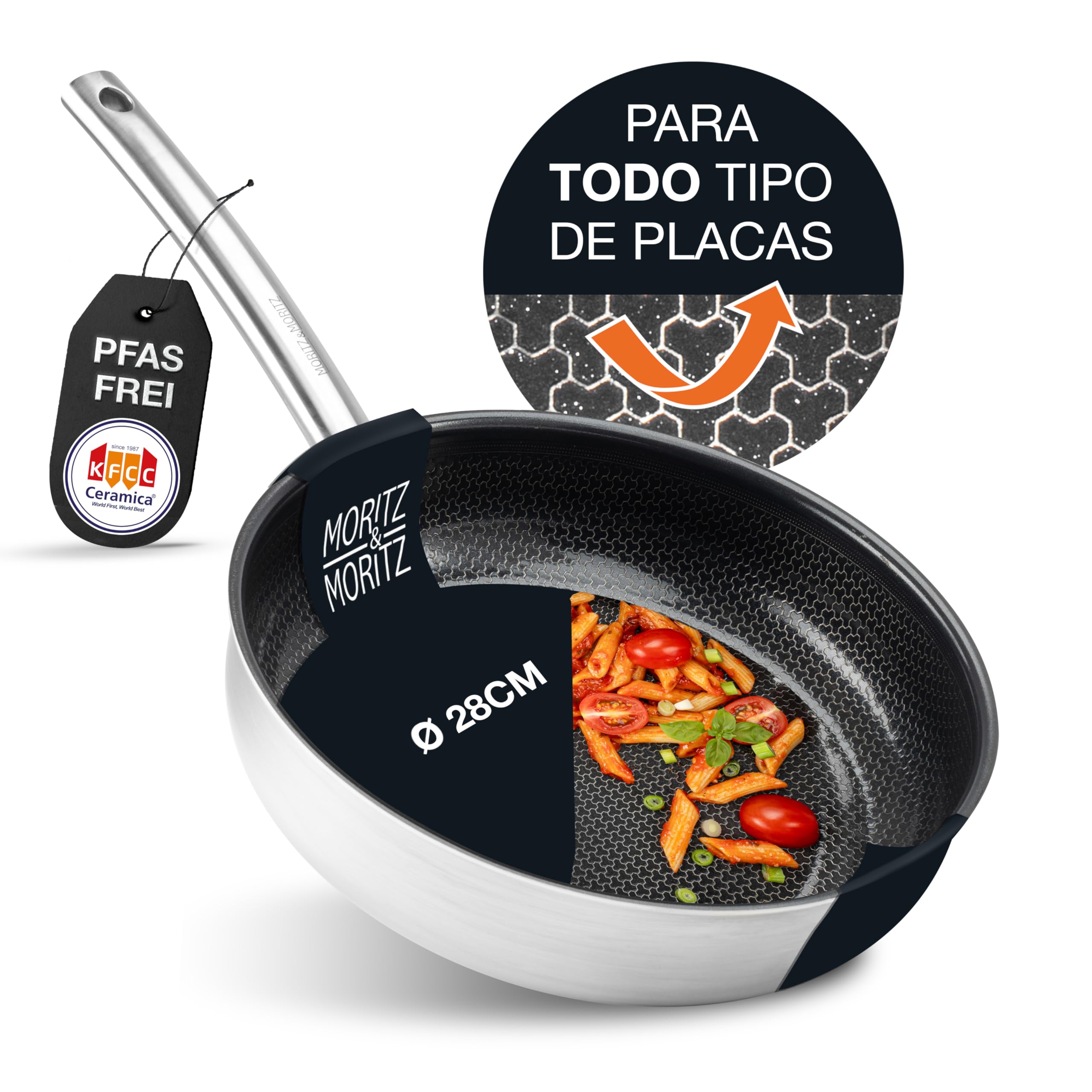 Moritz & Moritz Sartenes Antiadherentes Inducción 28cm de Acero Inoxidable Revestimiento Cerámico - Apta para todo Tipo de Placas - Sartenes Induccion Antiadherentes para Cocinar, Freír y Estofar
