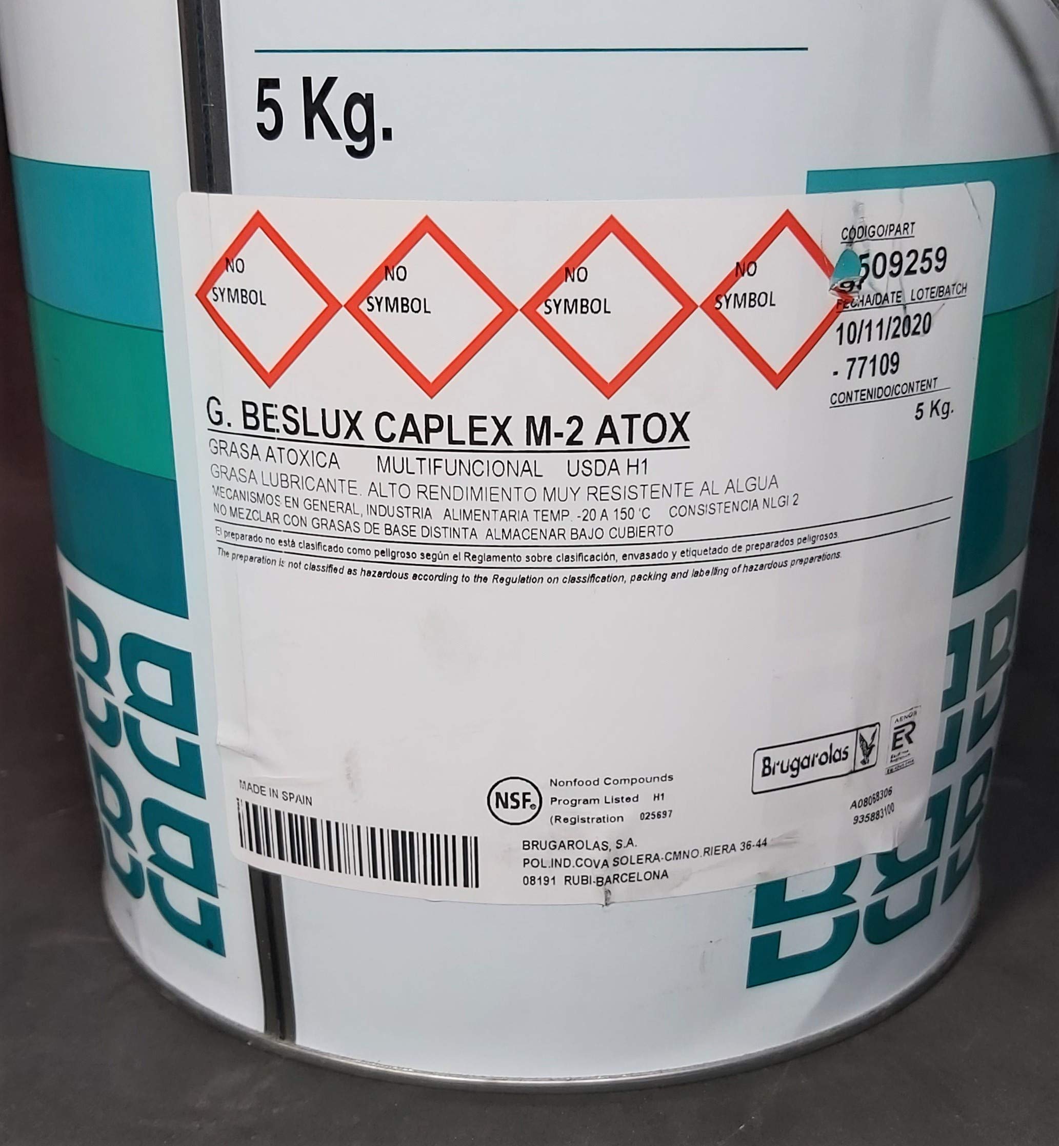 GRASA ALIMENTARIA ATOXICA BRUGAROLAS BESLUX CAPLEX NGLI-2 5KG. GRASA BLANCA DE USO ALIMENTARIO