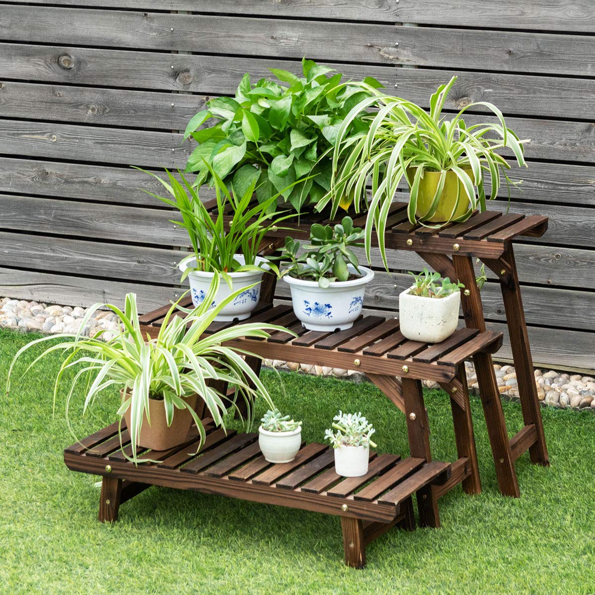COSTWAY 3tlg. Blumenständer Holz, pflanzenständer Blumenregal, 14/34/53 cm hoch, Blumenbank freistehend, Blumentreppe Balkon Garten, Pflanzenregal Holzregal, Leiterregal Indoor Outdoor, Natur