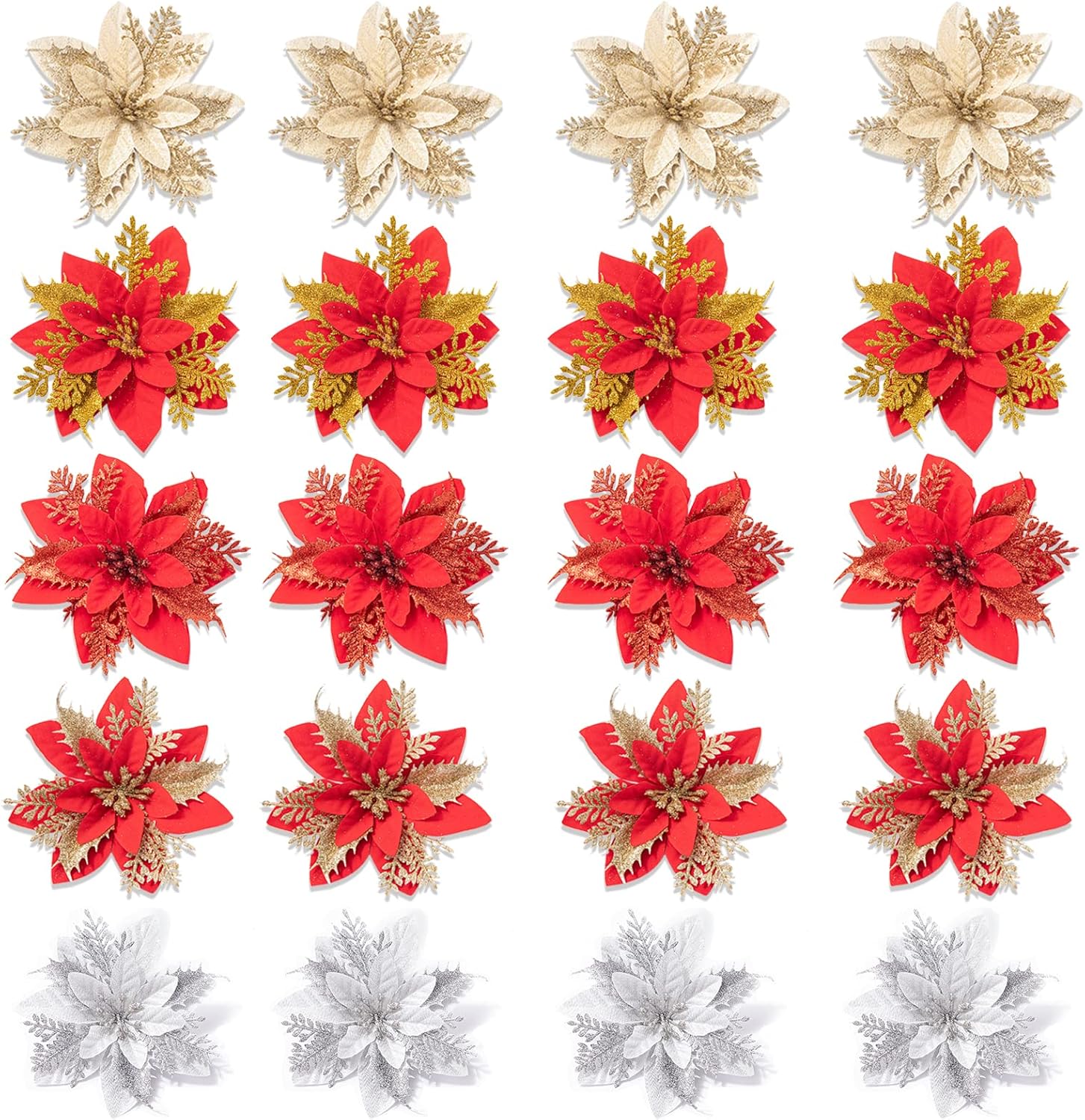 20Pcs Poinsettia Flowers for Christmas, 5 Color Artificial Flowers for
