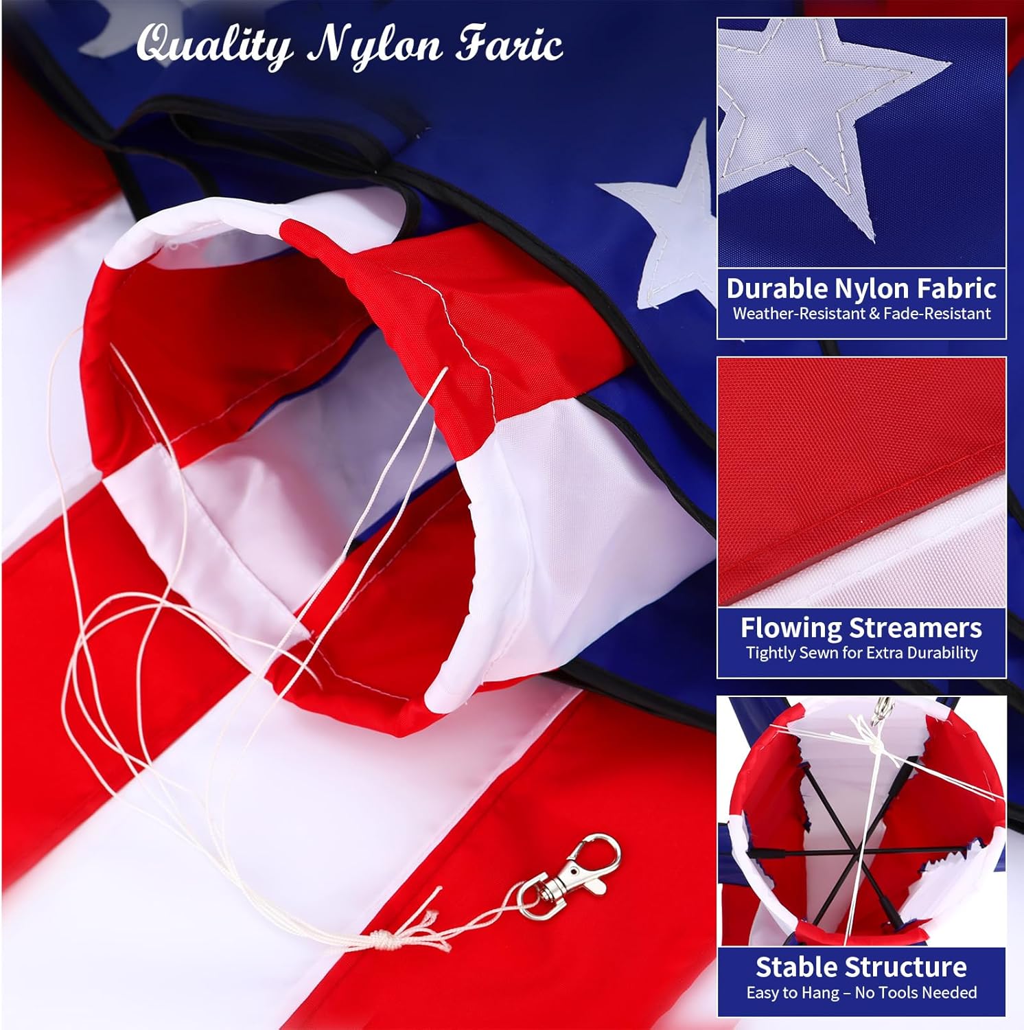 American Flag Windsock Spinner,48 Inch Hanging Wind Spinners for Outdoor, Patriotic 4th of July Independence Day Decoration - Image 3