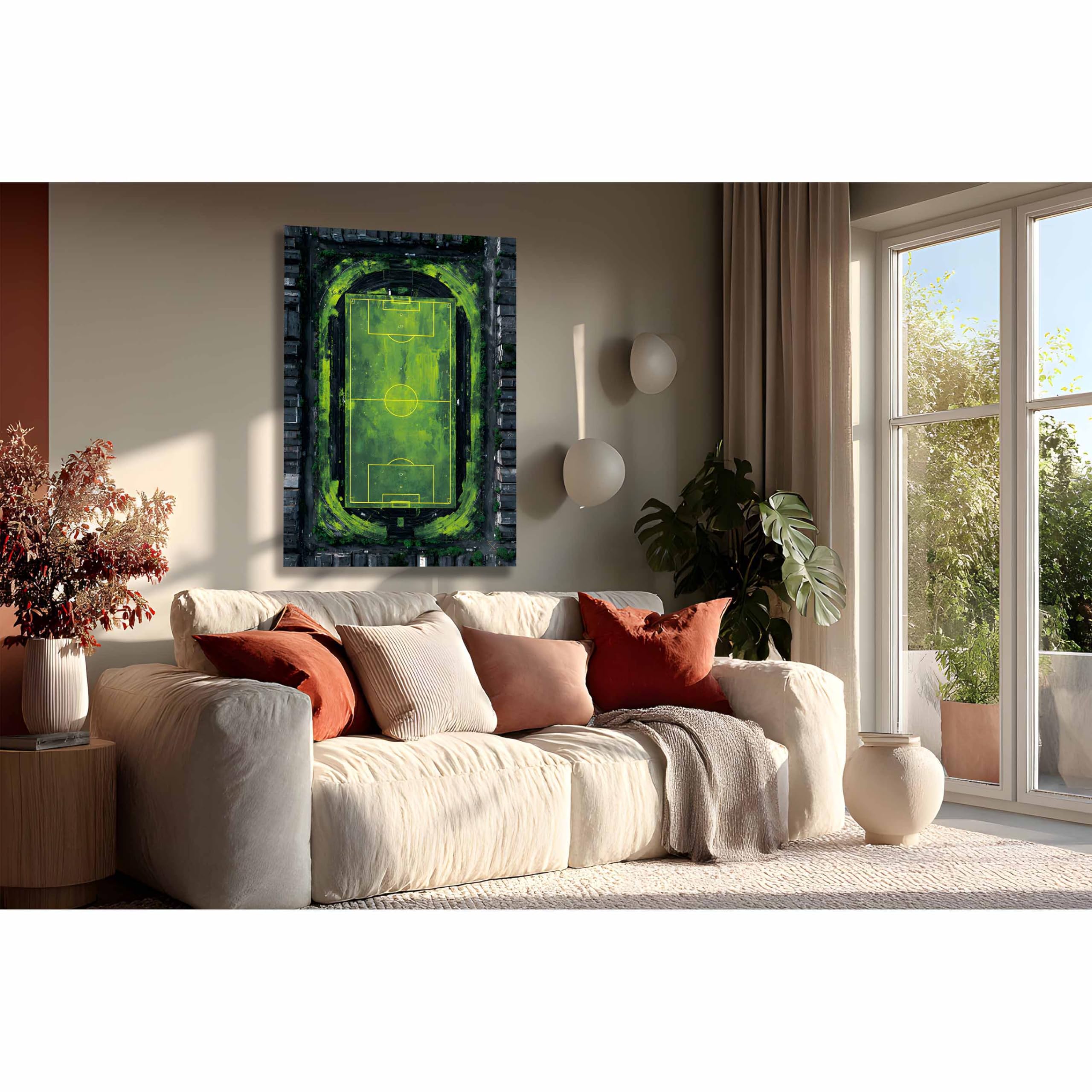 Kunstbruder Wandbild Topdown Stadion – Fußballfeld aus der Vogelperspektive, 80x120 cm, für Vereinsheim und Trainingsraum