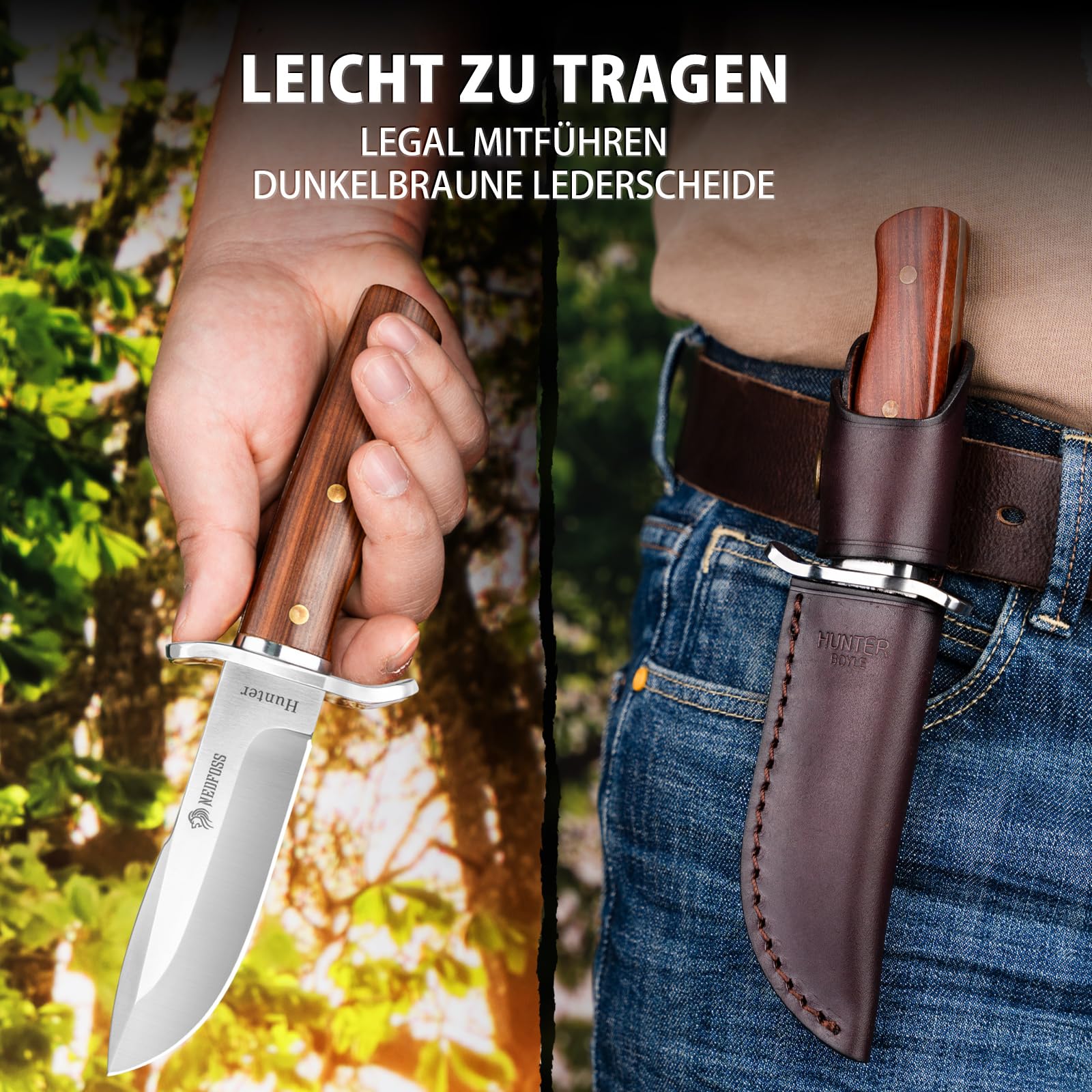 NedFoss Coltello da caccia affilato Hunter, coltello da sopravvivenza per esterni, affilatore D2 con squisita custodia in pelle, manico in legno rosso, 59-60HRC, extra affilato, marrone