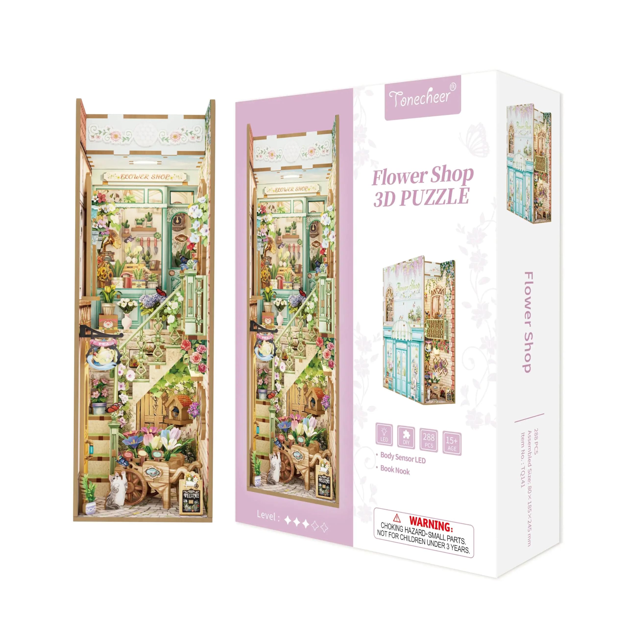 Tonecheer DIY zestaw do zakamarków na książki, dla dorosłych, drewniany zestaw puzzli 3D, miniaturowy zestaw do domu, fantazyjny regał na książki, dekoracja z czujnikiem, światło LED, prezenty na