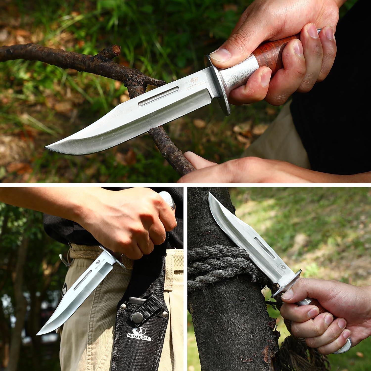 Mossy Oak Fixed Blade Bowie Knife, 2-piece Hunting Knife with Leather Handle Featuring Laser Pattern, Sheath Included - Image 8