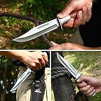 Vista 8 de Mossy Oak Cuchillo Bowie de hoja fija, cuchillo de caza de 2 piezas con mango de cuero con patrón láser, funda incluida