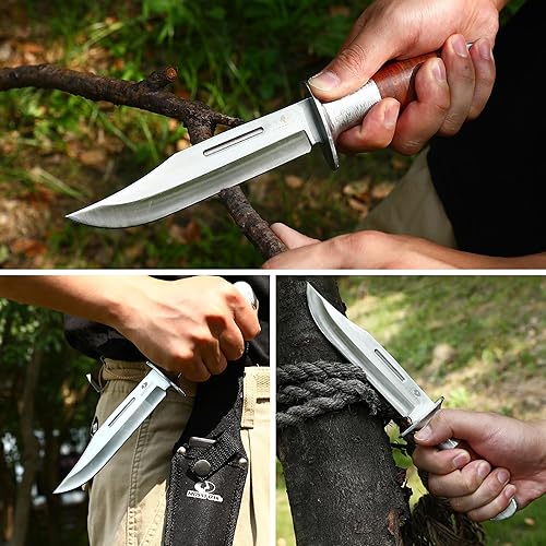 Miniatura 8 de Mossy Oak Cuchillo Bowie de hoja fija, cuchillo de caza de 2 piezas con mango de cuero con patrón láser, funda incluida