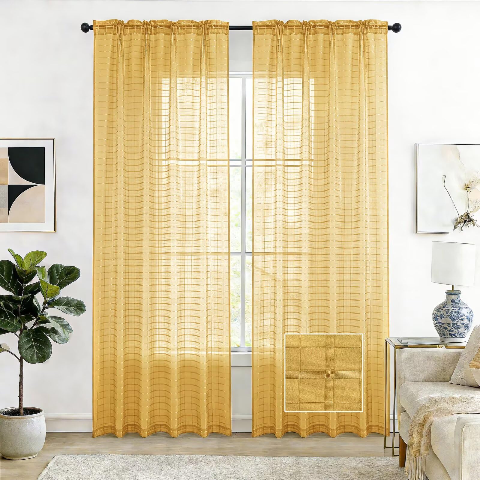 SpaceDresser Check Sheer Curtains 96 Inches Long for Living Room, Rod Pocket Plaid Semi Sheer Drapes for Kitchen Bedroom（Sand, 52W x 96L） — image 1