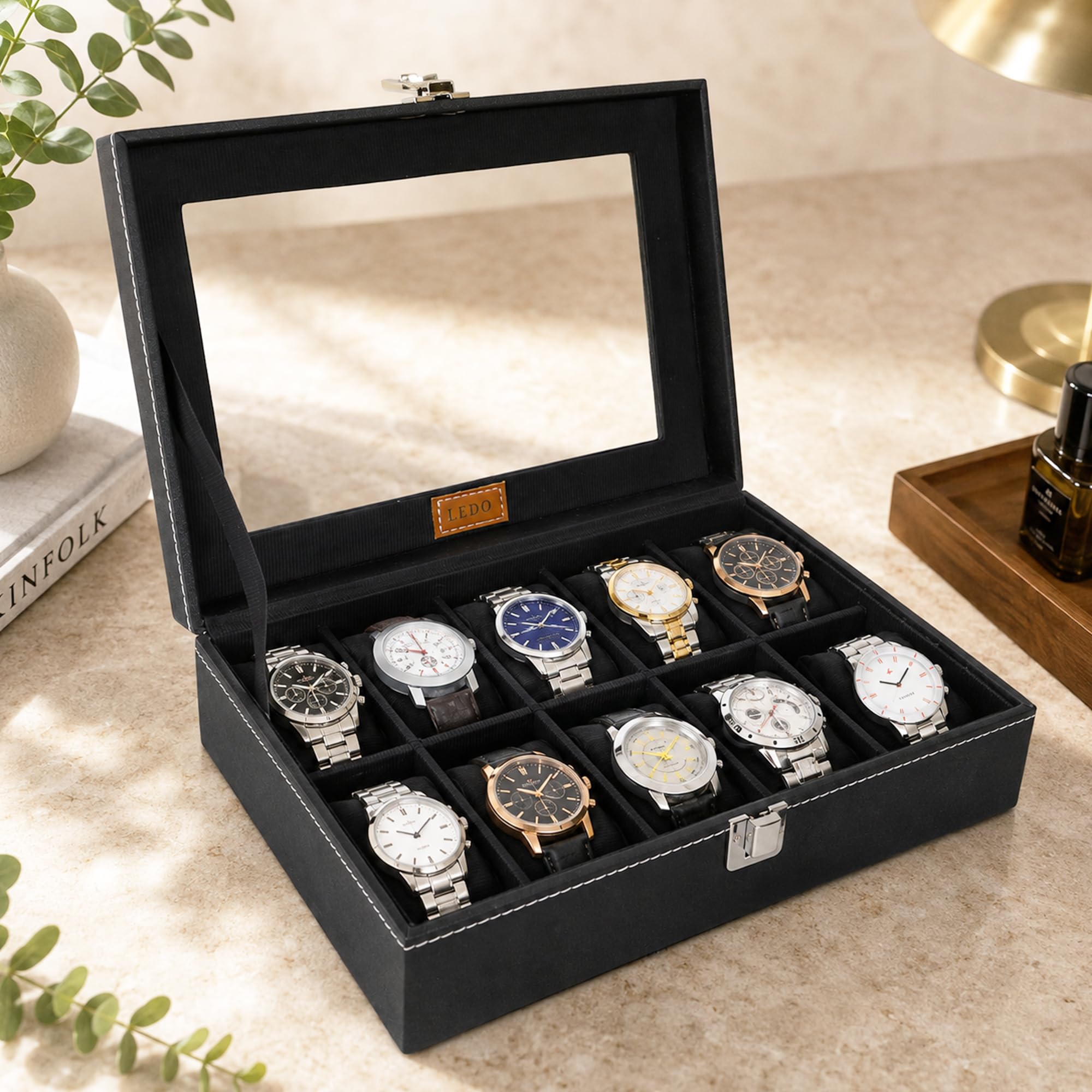 LEDO Leather Men's And Women's Watch Box Organizer Case In 10 Slots Of Watches In Black Color (Blackandblack)