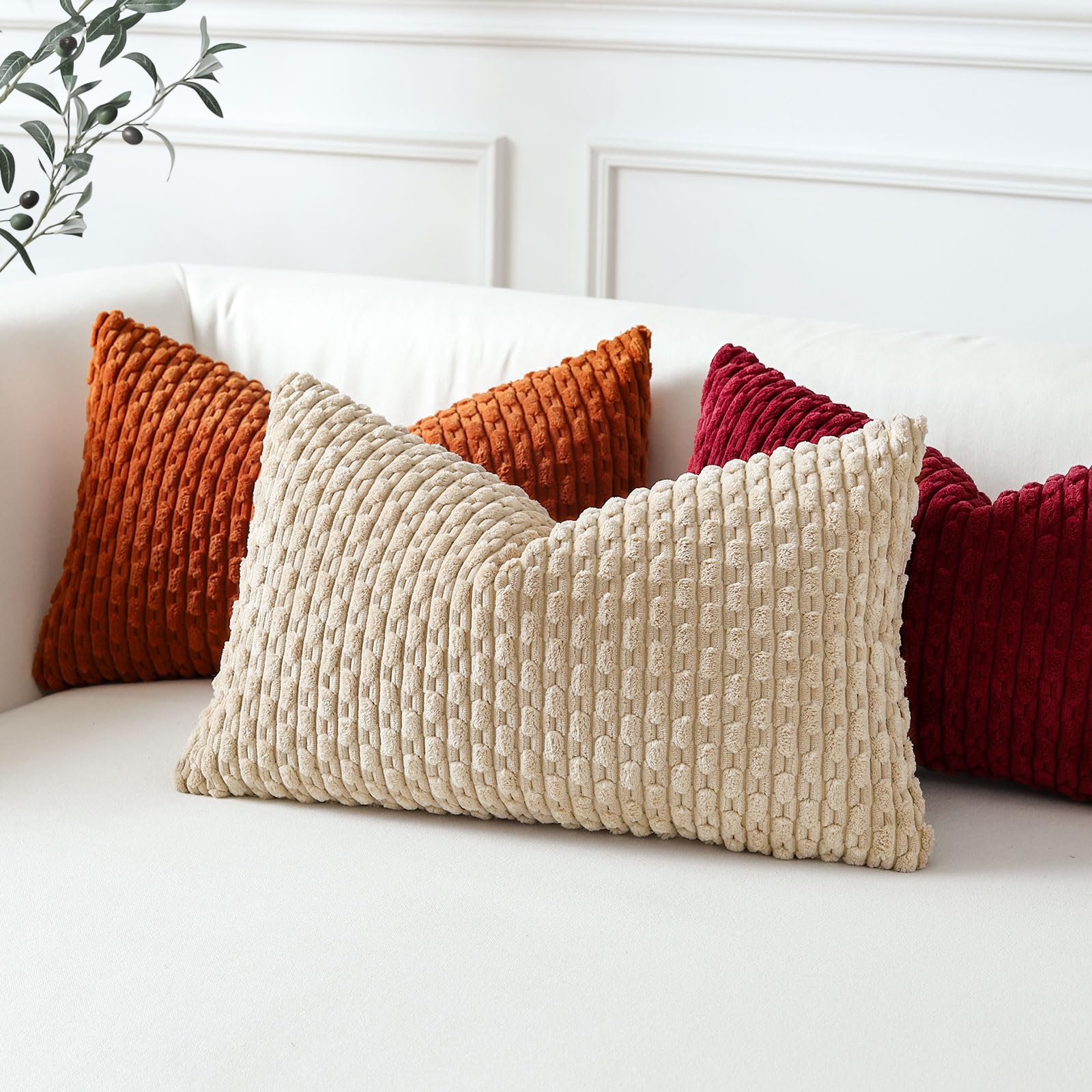 Sungeek Set of 2 Tan Soft Corduroy Decorative Cushion Covers Boho Striped Throw Pillow Covers for Sofa Couch Living Room Patio Farmhouse Home Decor Pillowcases 40x60cm - Image 2