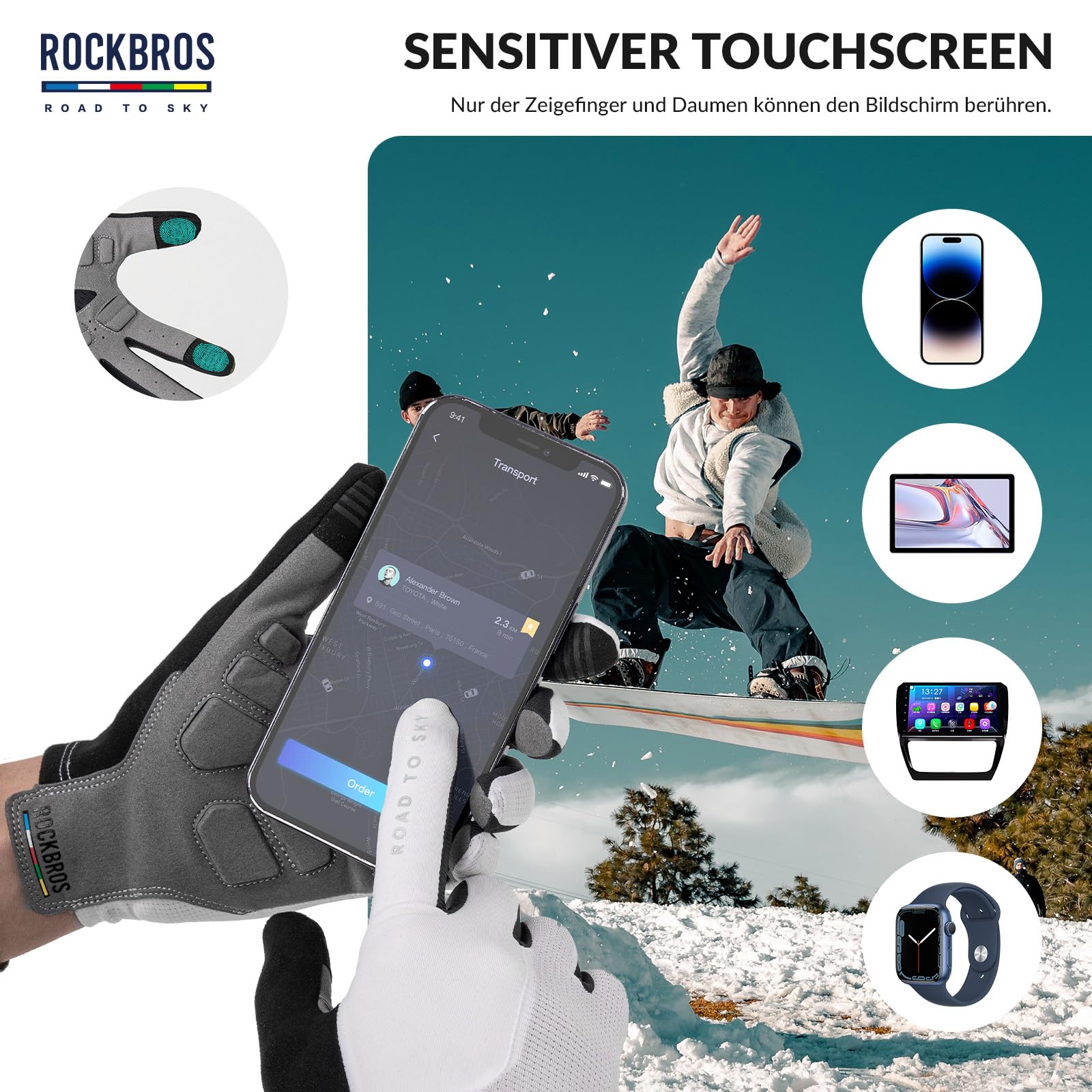 ROCKBROS Road to Sky Guantes de Ciclismo Pantalla táctil Deportivo con Dedo Completo Transpirable para Hombres Mujeres MTB Bicicleta de Carretera Deporte
