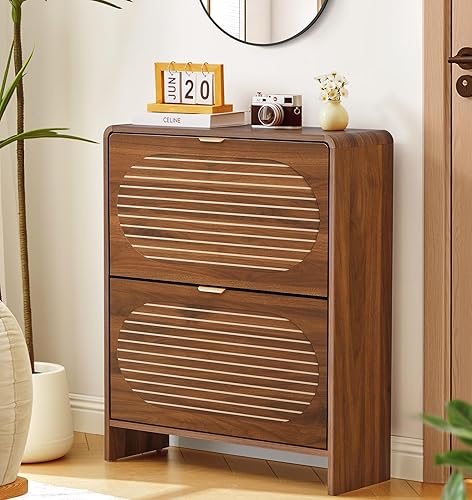 Armario estrecho de almacenamiento de zapatos para entrada con 2 cajones abatibles, zapatero de madera independiente con panel de rayas arqueadas,