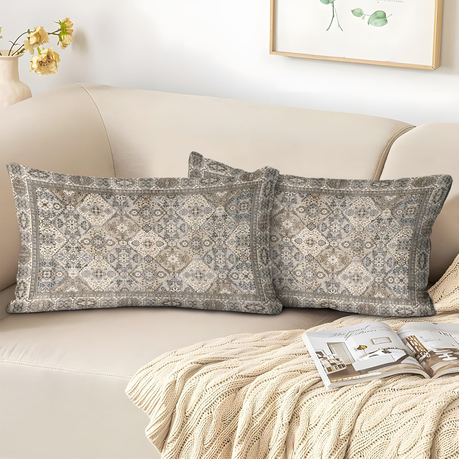 Boho Throw Pillow Covers 30x50 cm Set of 2,Boho Vintage Carpet Pattern Antique Ethnic Decor Double Sided Pattern Cushion Cover Soft Pillow Case Living Sofa Room Bed Square Pillow Cover