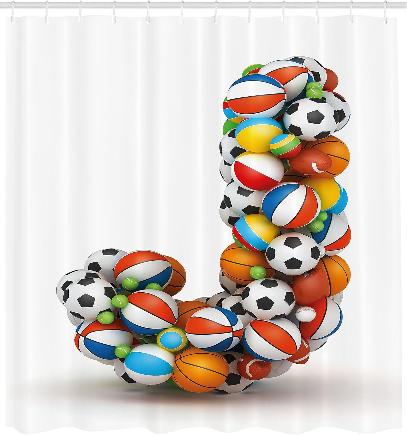 Ambesonne Letter J Shower Curtain, Letter J Capitalized Sportings Basketball Football Pigskin Fun Games Design, Cloth Fabric Bathroom Decor Set with Hooks, 69" W x 75" L, Marigold Multicolor