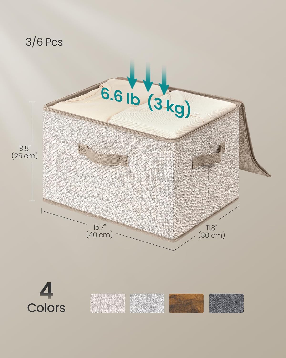 SONGMICS Foldable Storage Organizer Boxes, Set of 3 Storage Basket Bins with Lids, Handles, Clothes Organizer, 15.7 x 11.8 x 9.8 Inches, Non-Woven Fabric, Summer Sand URZB003K01