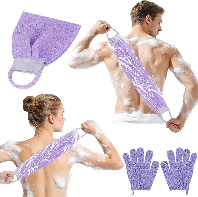 AYBUY Gant Exfoliant Corps Set, 2 Pièces de Gants Exfoliants et 1 Pièce Serviettes Exfoliante, Gant Gommage Corps, pour Exfoliation/Douche/Spa/Massage (B-Violet)