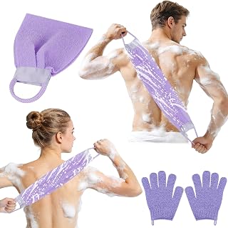 peeling glove back scrub set, peeling glove + bamboo fiber scrub sponge, shower glove bath gloves for body, shower, dead skin removal, scrubber (purple)