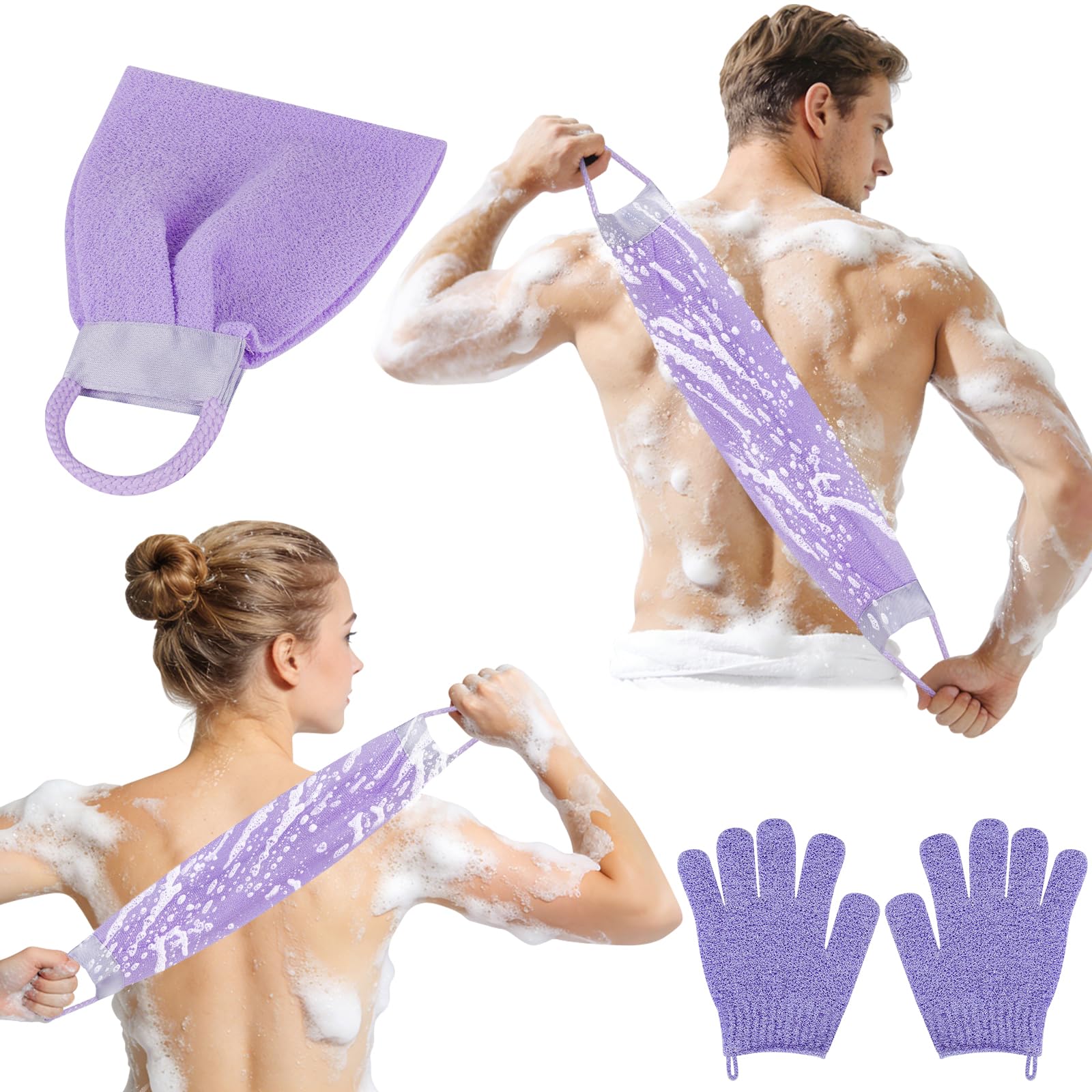 Set Guanto Scrub Corpo, 2 Guanti Esfolianti e 1 Scrubber per la Schiena, Panno Esfoliante Corpo Asciugamani Esfolianti per il Corpo Unisex, Guanti Esfolianti per Esfoliante/Doccia/Spa (Viola) - 1