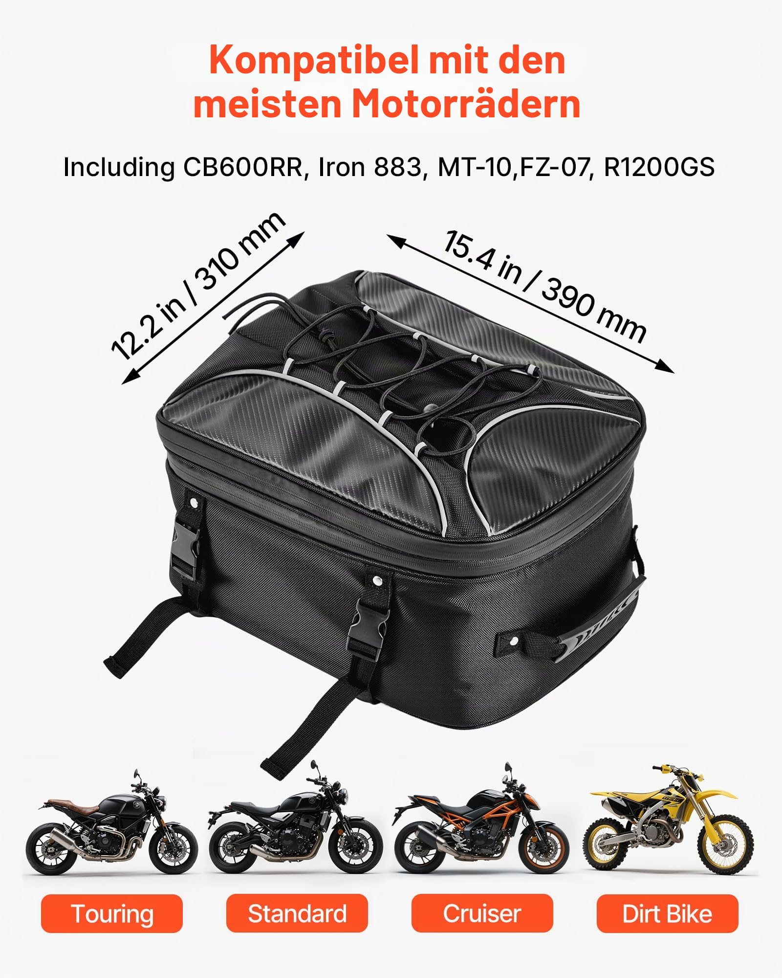 VEVOR Motorradhecktasche Rücksitztasche (22-34 L) mit wasserfester Regenabdeckung, Motorrad-Gepäckaufbewahrung, Gepäckträgertasche mit Riemen & elastischer Kordel, Motorradgepäck Schwarz
