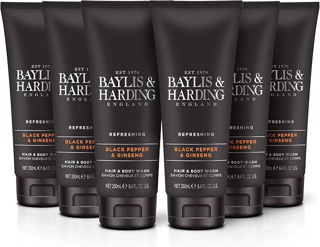 Baylis & Harding Black Pepper & Ginseng Hair & Body Wash, 250 ml, (Pack of 6) - Vegan Friendly