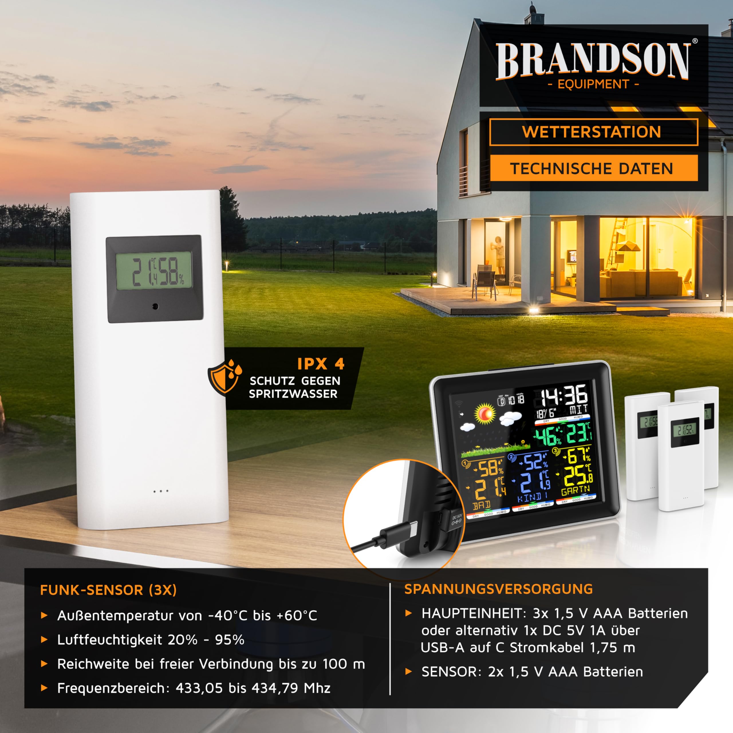 Brandson - Wetterstation Funk mit Außensensor - Farbdisplay - DCF Empfangssignal Funkuhr - Innen und Außentemperatur - Wettervorhersage - Temperatur Luftfeuchtigkeit Luftdruck - 3 x Außensensor