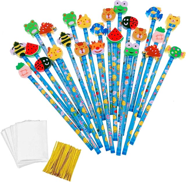 JZK 24 x Blue wooden graphite pencils set with cartoon rubber erasers for kids children party favours give away thank you gift party bag filler birthday Christmas gift for boys