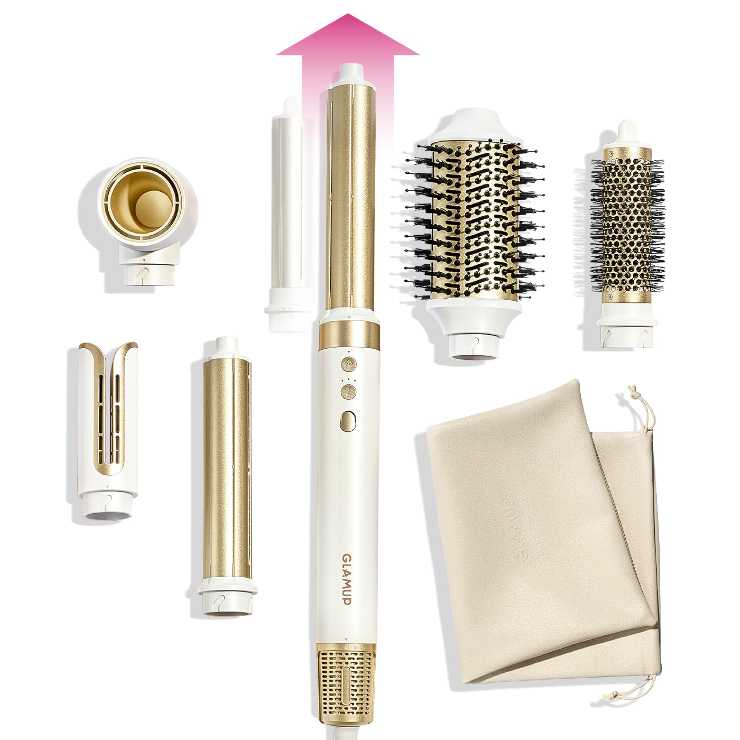 GLAMUP® 6 in 1 Hot Air Styler, Upgraded Long Barrel, Round Brush, Powerful High Speed Dryer, Tight Grip, Curling Volumizing Gift Set with Travel Bag