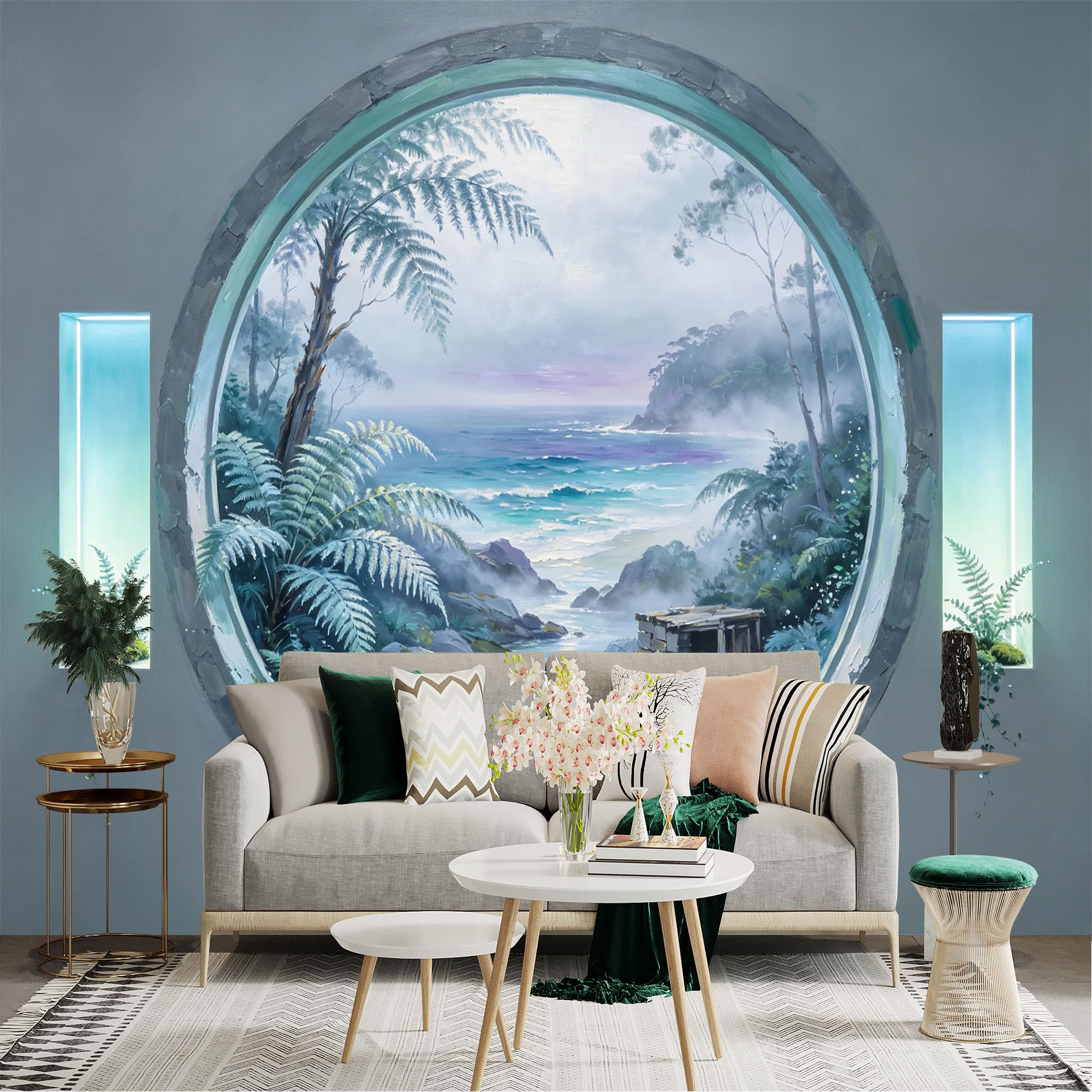 Custom Size Wall Sticker Mural， Ocean View Through Round Window， Tropical Forest and Waterfall， for wall Decoration， peelandstick wall Decals.