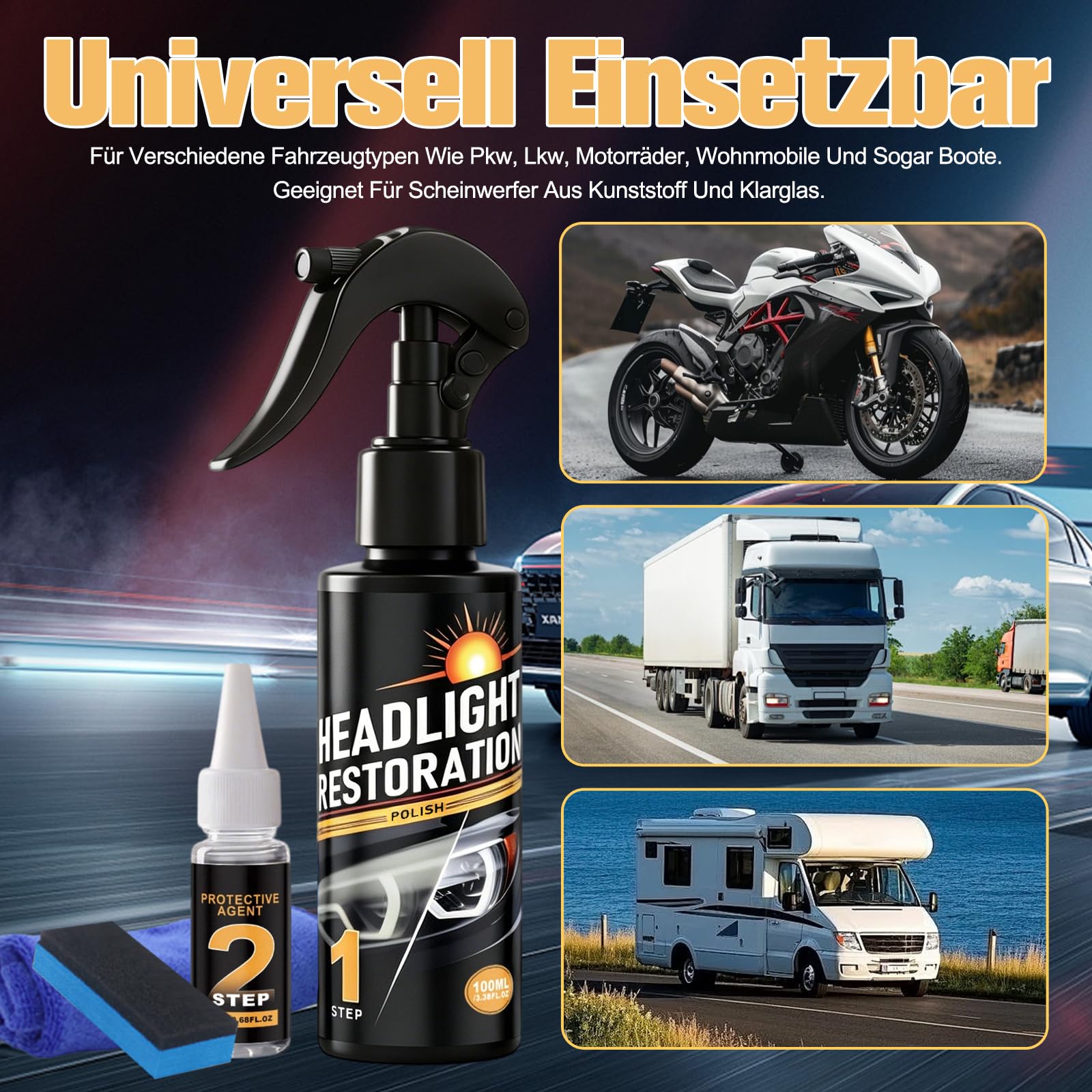 120ml Scheinwerfer Aufbereitung Spray Set, Car Headlight Cleaner, Headlight Restoration Polish Kit, Restores Clarity & Shine, für Reinigt Poliert Vermattete Vergilbte
