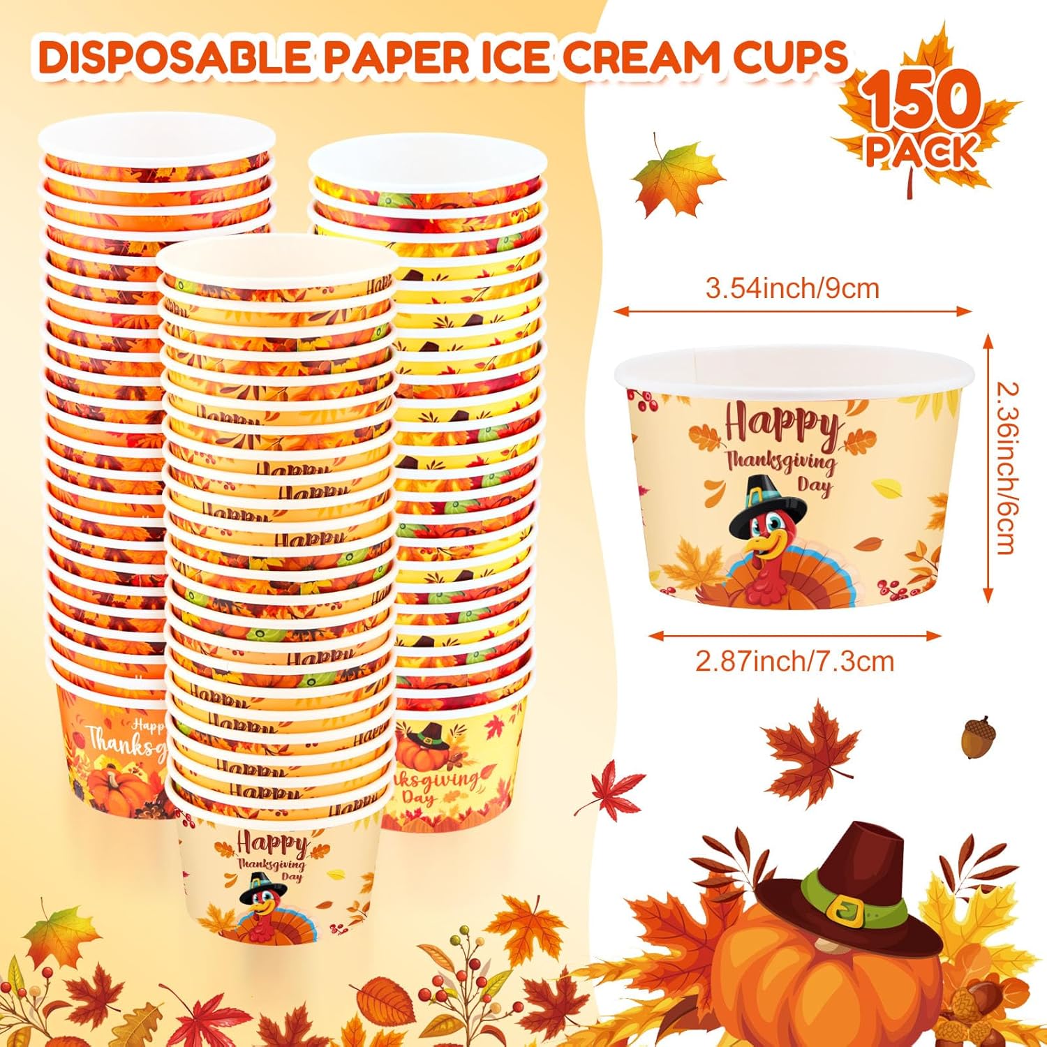 Didaey 150 Pieces Thanksgiving Snack Cups 9 oz Disposable Pumpkin Turkey Paper Bowls Fall Ice Cream Cups Autumn Soup Yogurt Food Tasting Bowls for Thanksgiving Party Decorations Supplies