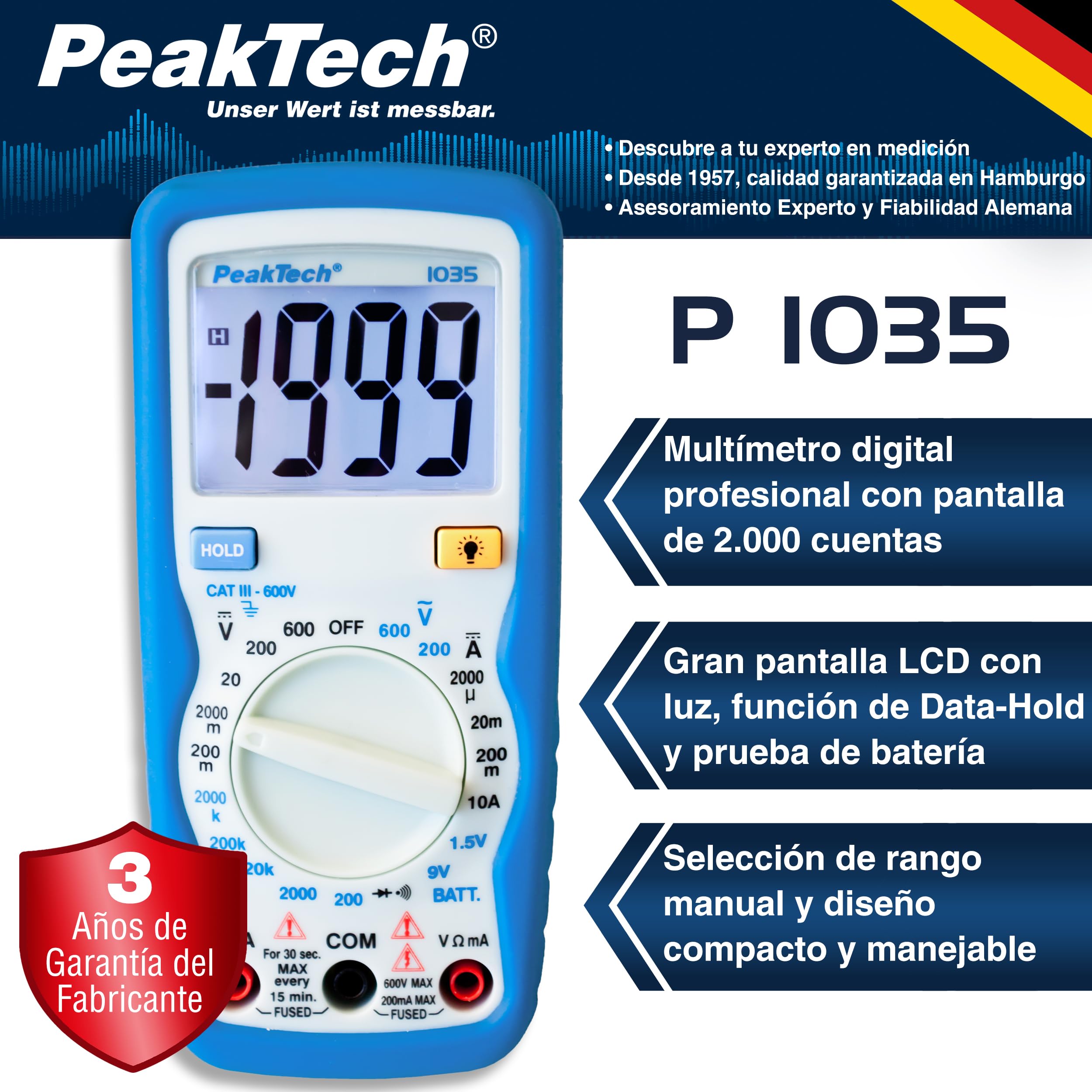 PeakTech 1035 – Multímetro digital CAT III con pantalla, probador de batería, multímetro de mano, dispositivo de medición, voltímetro, medición de corriente, probador de continuidad - máx.600 V