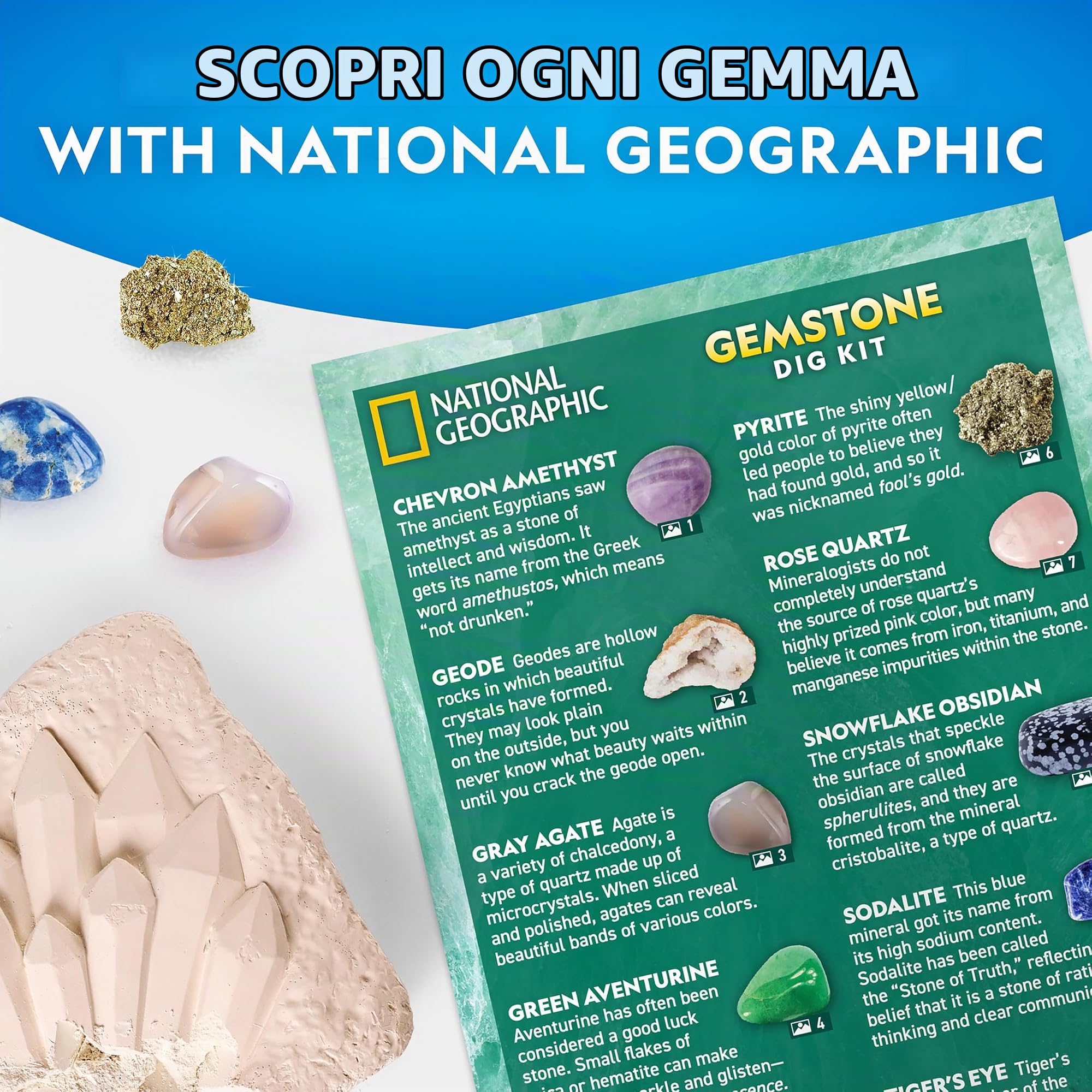 NATIONAL GEOGRAPHIC - Kit di scavo di gemme con 10 vere pietre preziose per bambini, scopri le pietre preziose con strumenti di scavo e lente d'ingrandimento, kit di scienza