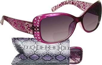 proSPORT Women Oversized Bifocal Reading Sunglasses Rhinestone Floral Butterfly UV Protection Stylish with Snakeskin Pouch
