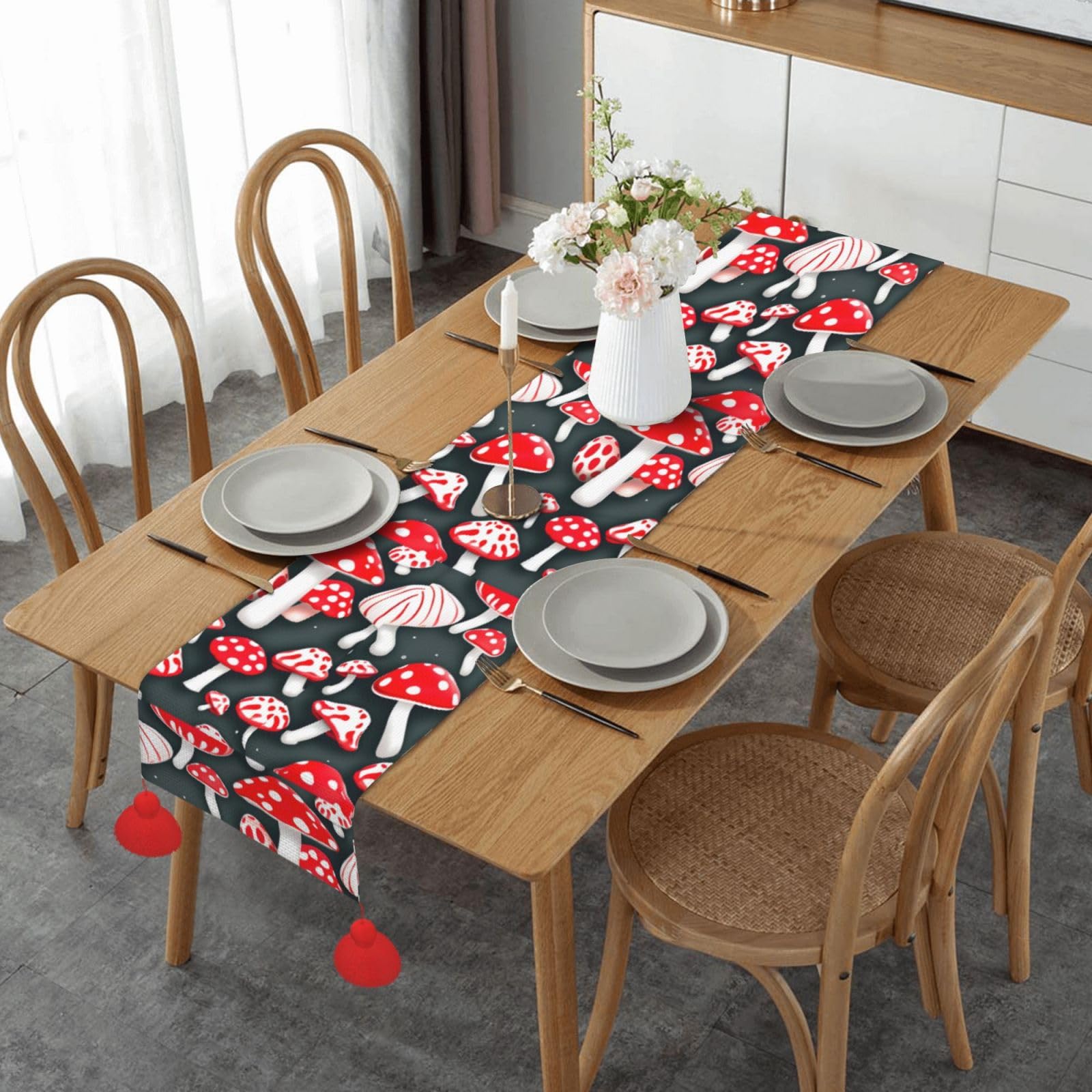 Camino de mesa de Navidad con estampado de hongos rojos y blancos, camino de mesa de tela rústica para bodas, fiestas, decoración larga del hogar
