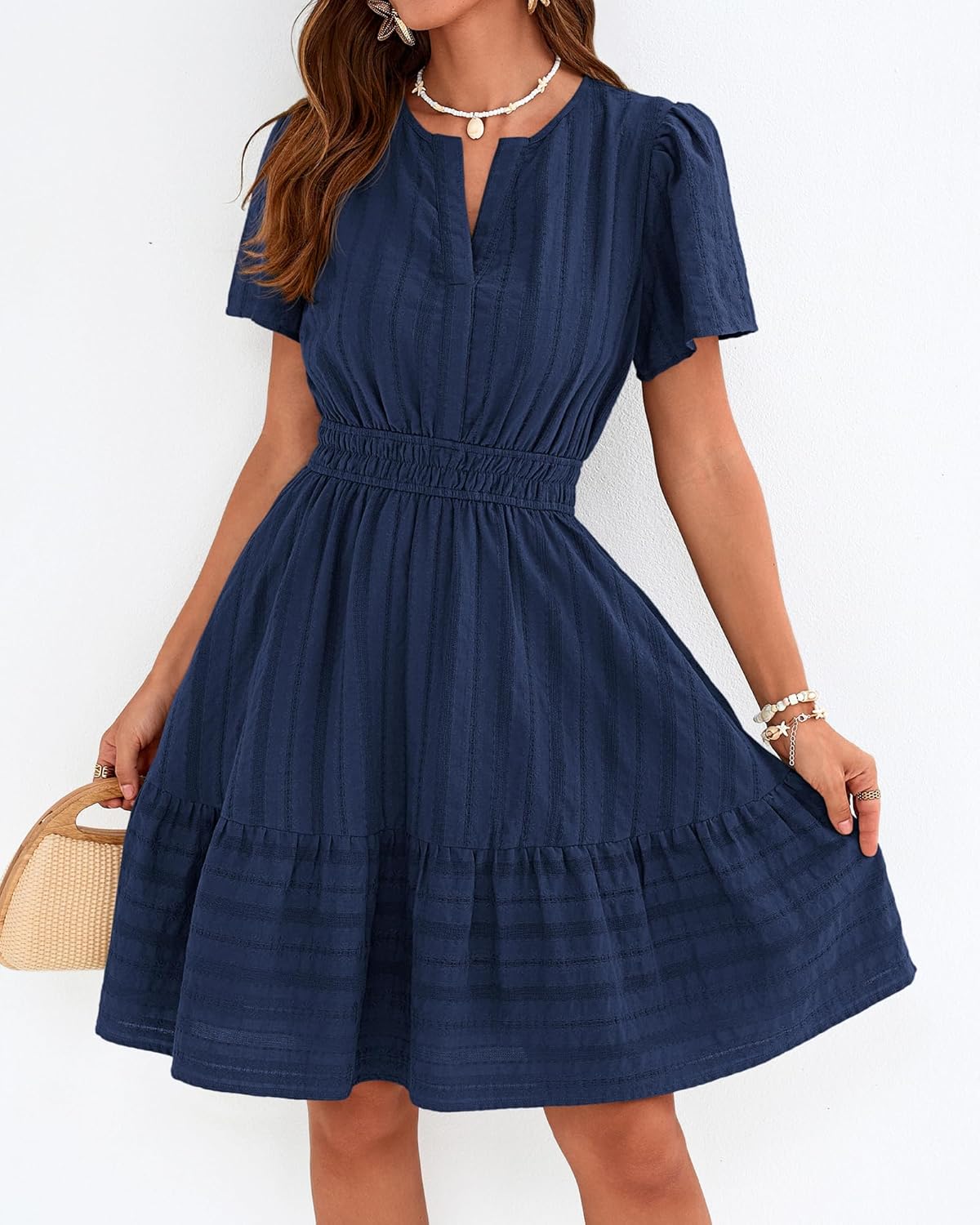 BTFBM Womens Spring 2026 Casual Mini Dresses Lightweight Short Sleeve V Neck Elastic Waist Cute Boho Beach Dress Pockets - Image 2