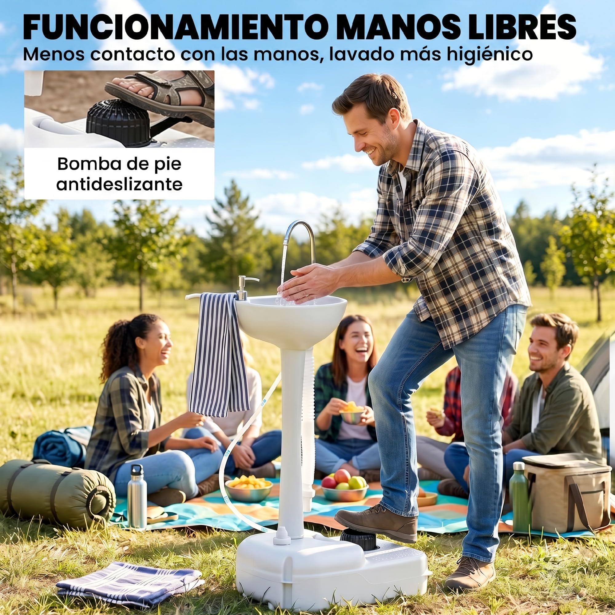 Outsunny Lavamanos Portátil Estación de Lavado para Actividades al Aire Libre y Camping con Tanque de Agua de 17L Dispensador de Jabón Toallero y 2 Ruedas HDPE para Eventos, Reuniones Gris Claro