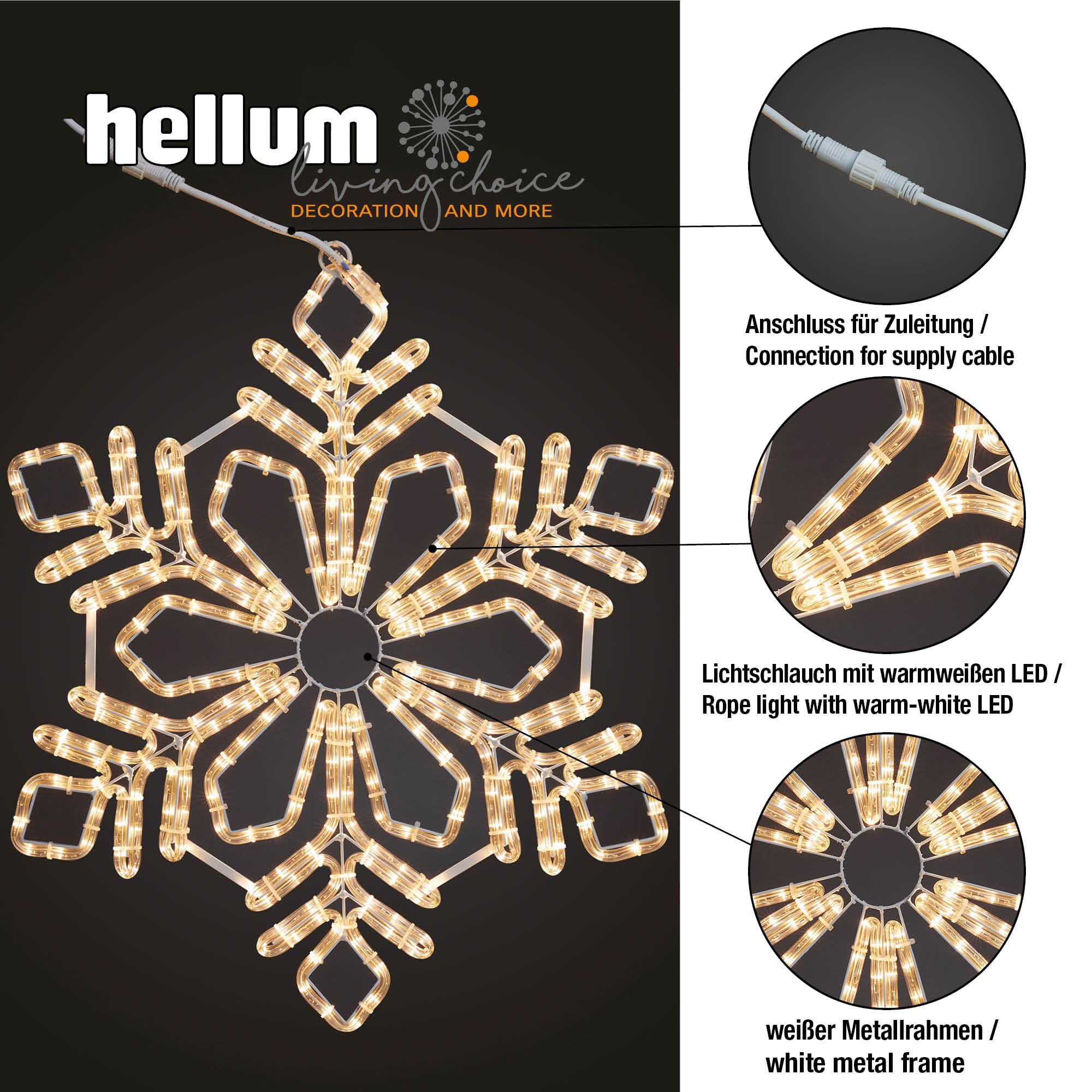 hellum LED-System Profi Lichterkette Außen verlängerbar Lichtschlauch Schneeflocke, warmweiß 324 LED wetterfest, ohne Netzkabel, ø 62 cm, Kabel weiß, outdoor 899771