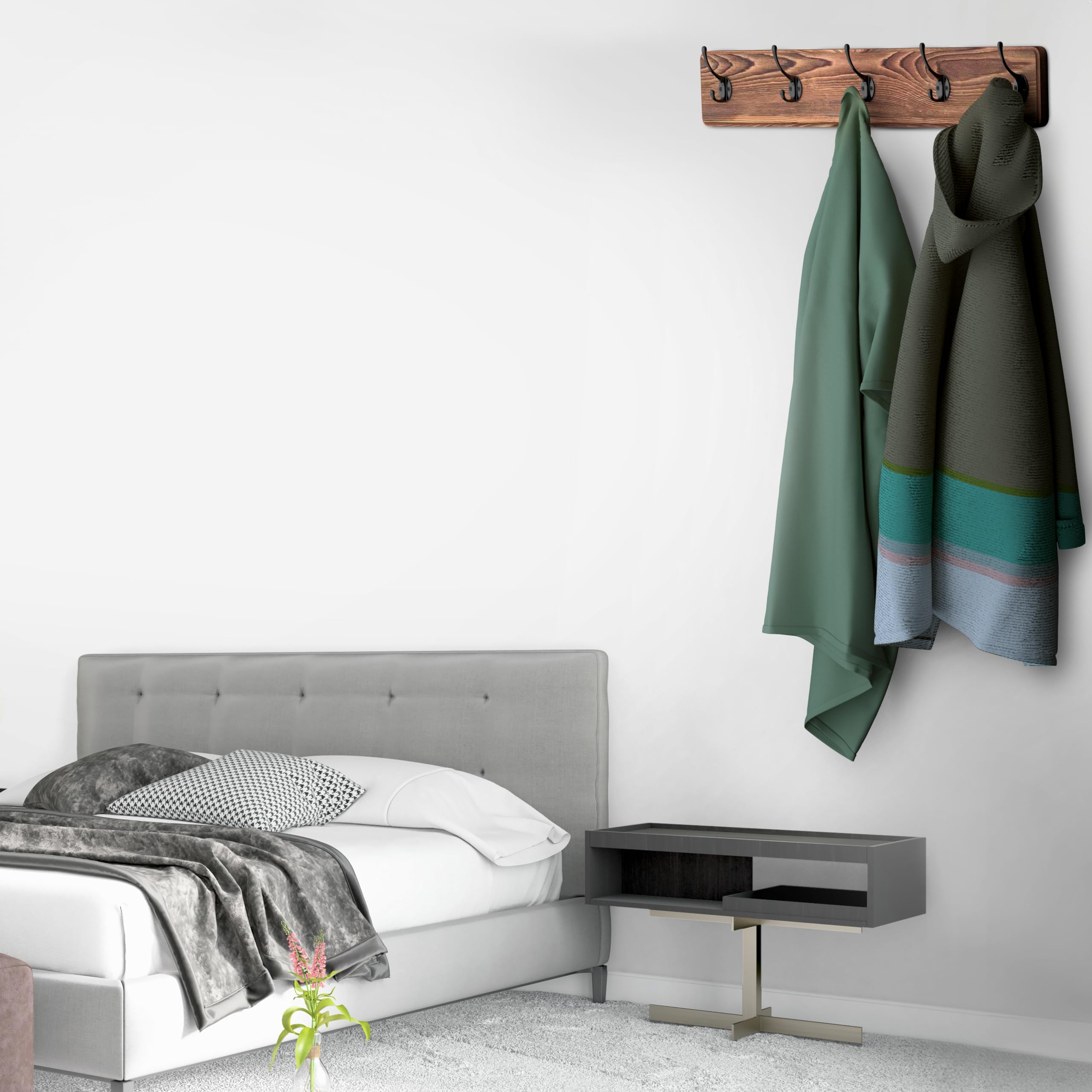 Appendiabiti Da Parete In Legno Di Pino Massiccio Con 5 Ganci In Metallo - 43 Cm, Stile Rustico Per Bagno, Ingresso E Camera Letto - 4