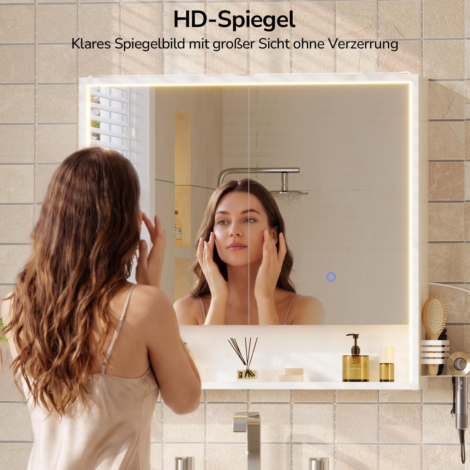 2-türiger LED-Spiegelschrank 80x78x18 cm, Steckdose, Touch-Sensor & 3 dimmbare Lichttemperaturen – inkl. Föhnhalter, Handtuchhalter & verstellbarem Einlegeboden – Weiß