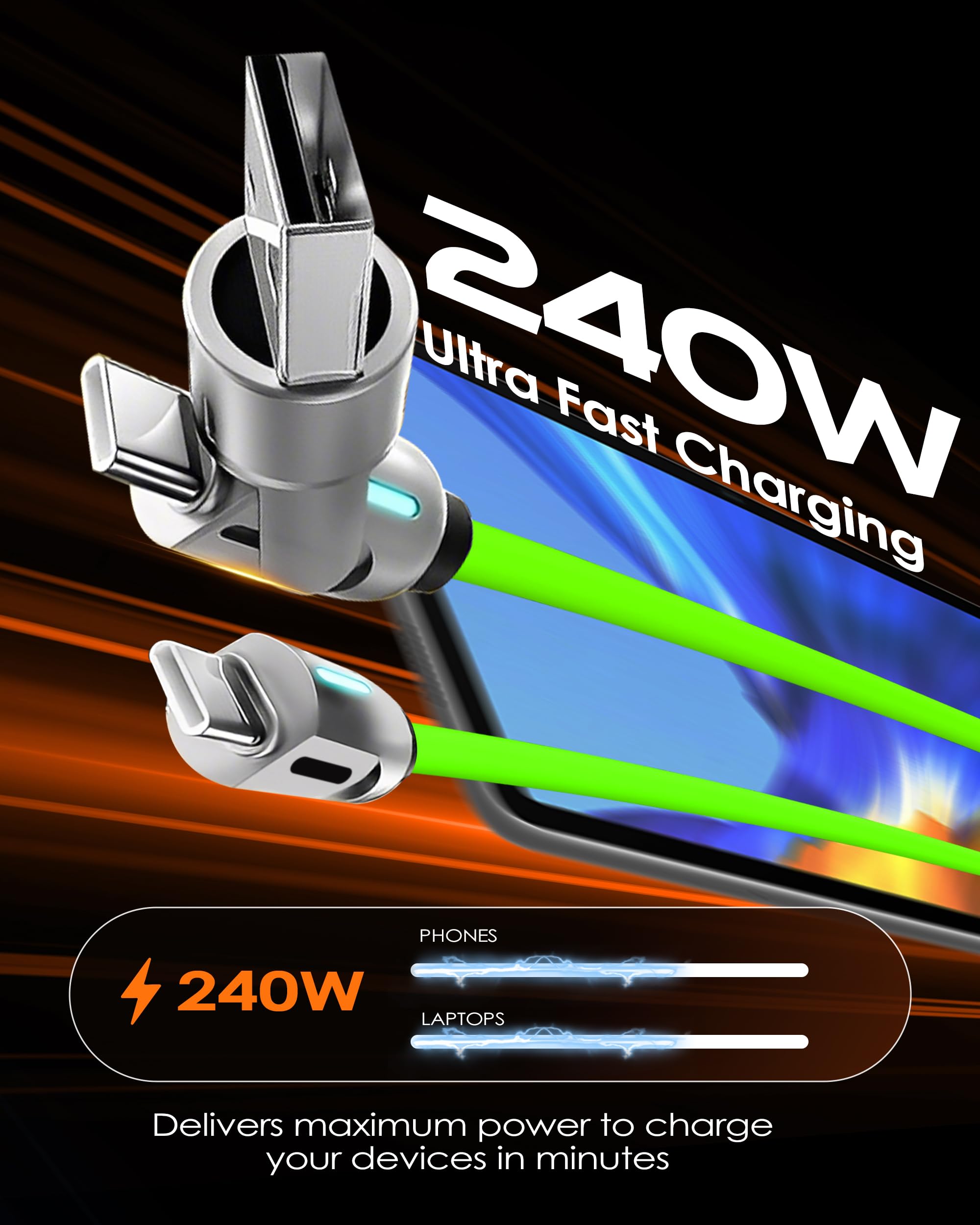 chubbycable GlowCharge Pro - Cavo da auto 3 in 1 da 240 W con luci dinamiche, cavo multi USB C, cavo di ricarica rapida in silicone, 1 m, verde, da tipo C a tipo C + USB-A