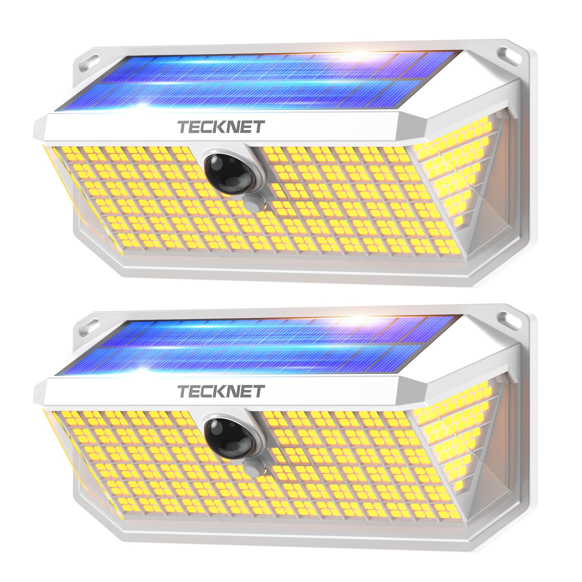 TECKNET Solarlampen für Außen mit Bewegungsmelder 416 LED, 2 Stück 300° Superhelle LED Solar Wandleuchte, IP66 wasserdichte Solarlampen Garten, Wand, und Outdoor Beleuchtung - Warmes Licht